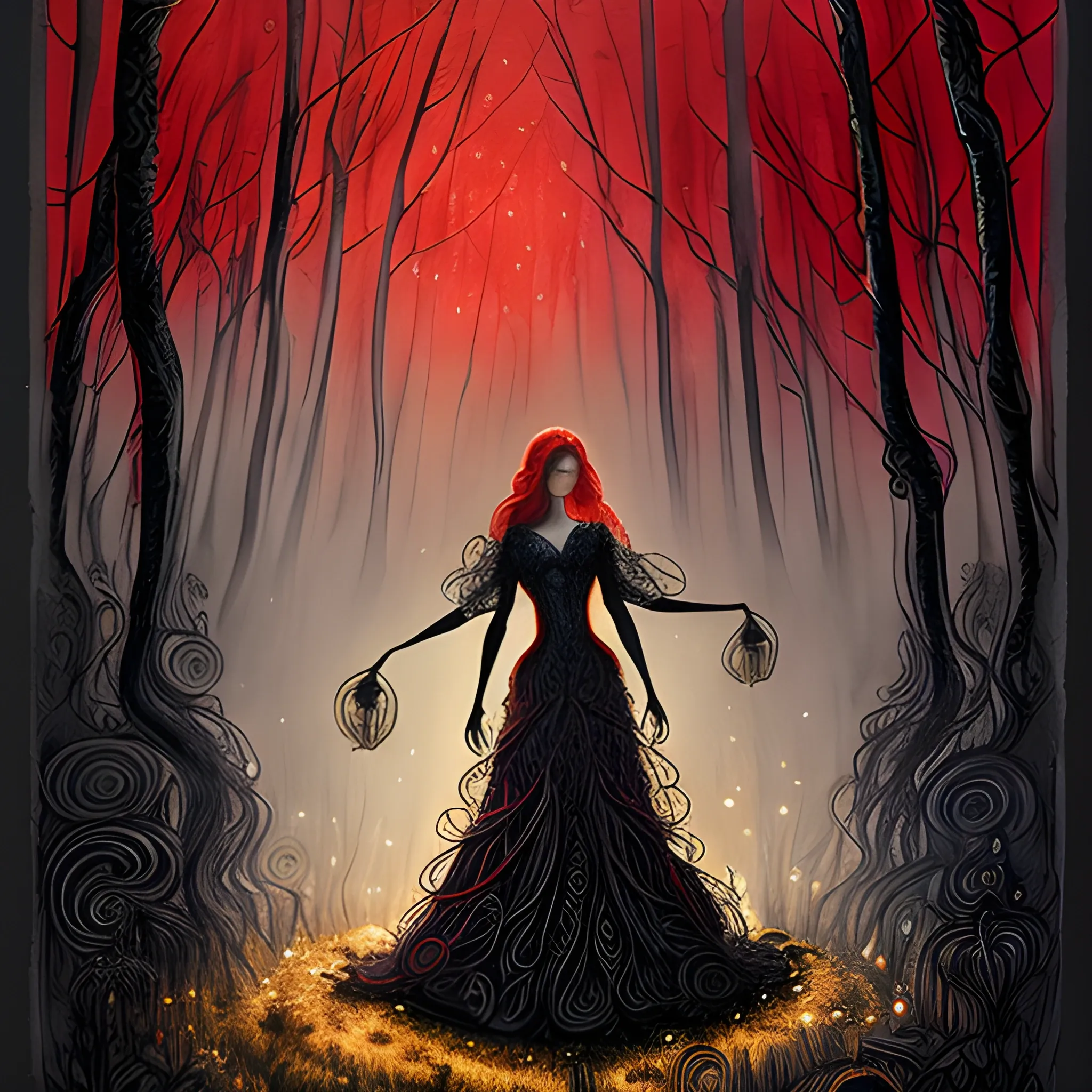 Draw a woman in a dark enchanted forest, surrounded by giant spiders weaving an elaborate dress with threads of silver and gold. Use a single-color watercolor technique (red) to capture the magical atmosphere of this scene in the style of Francisco Garcés, alias Dibujante Nocturno.