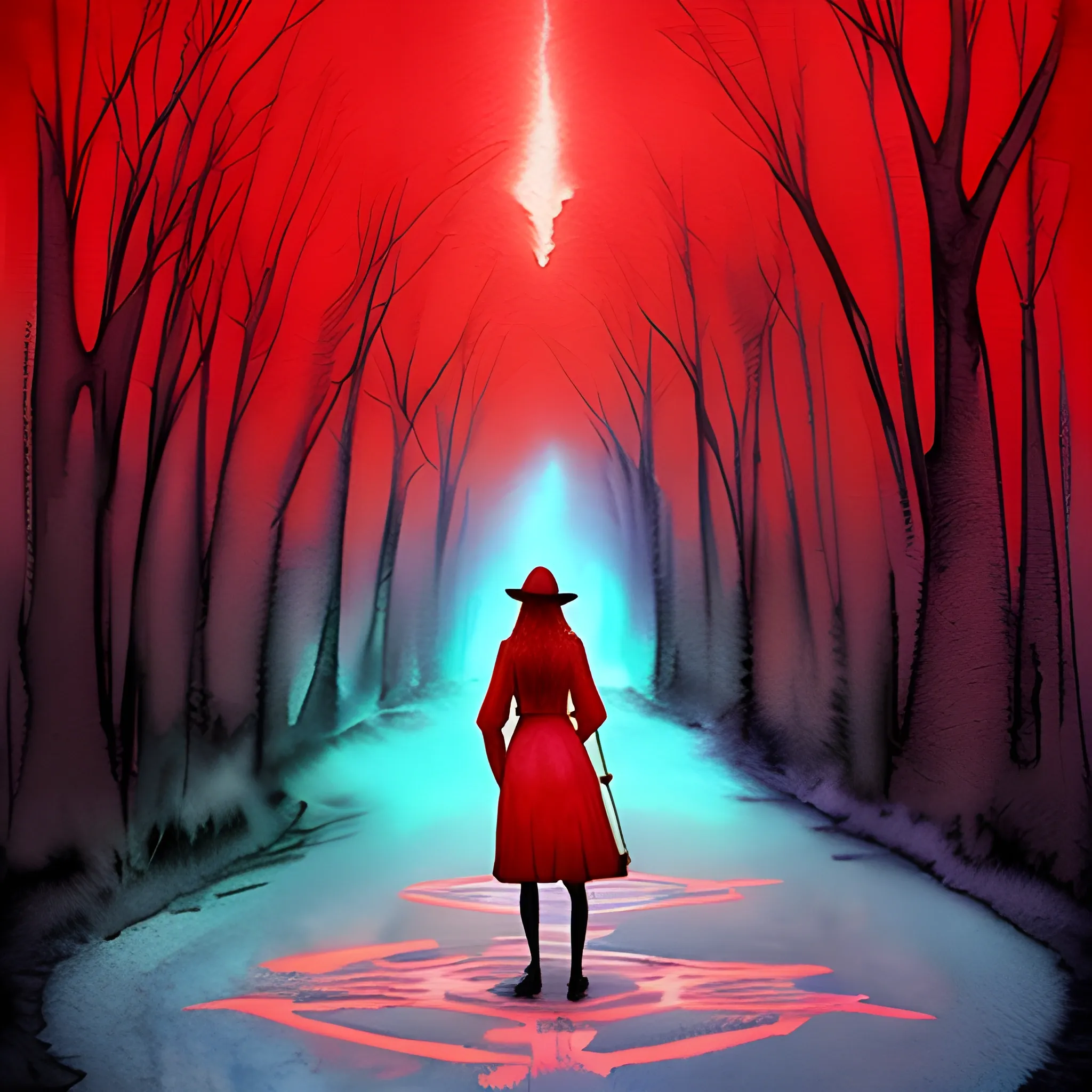 Draw a woman standing at a crossroads of magical paths, with each trail representing a different and mysterious destination. Use a single-color watercolor technique (red) to capture the magical atmosphere of this crossroads in the style of Francisco Garcés, alias Dibujante Nocturno