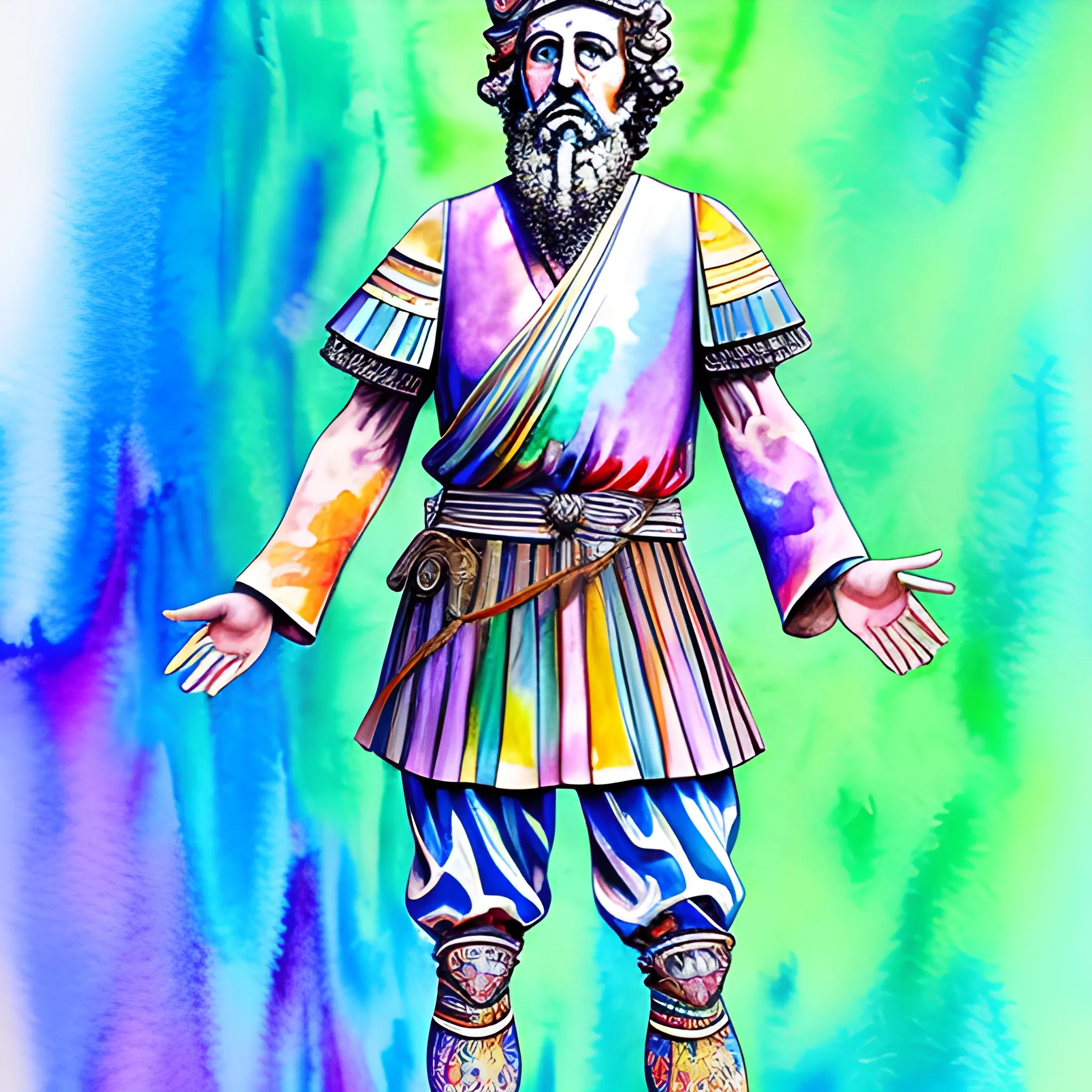 marcus aurelius, Trippy, Water Color detailed full body portrait, standing proudly