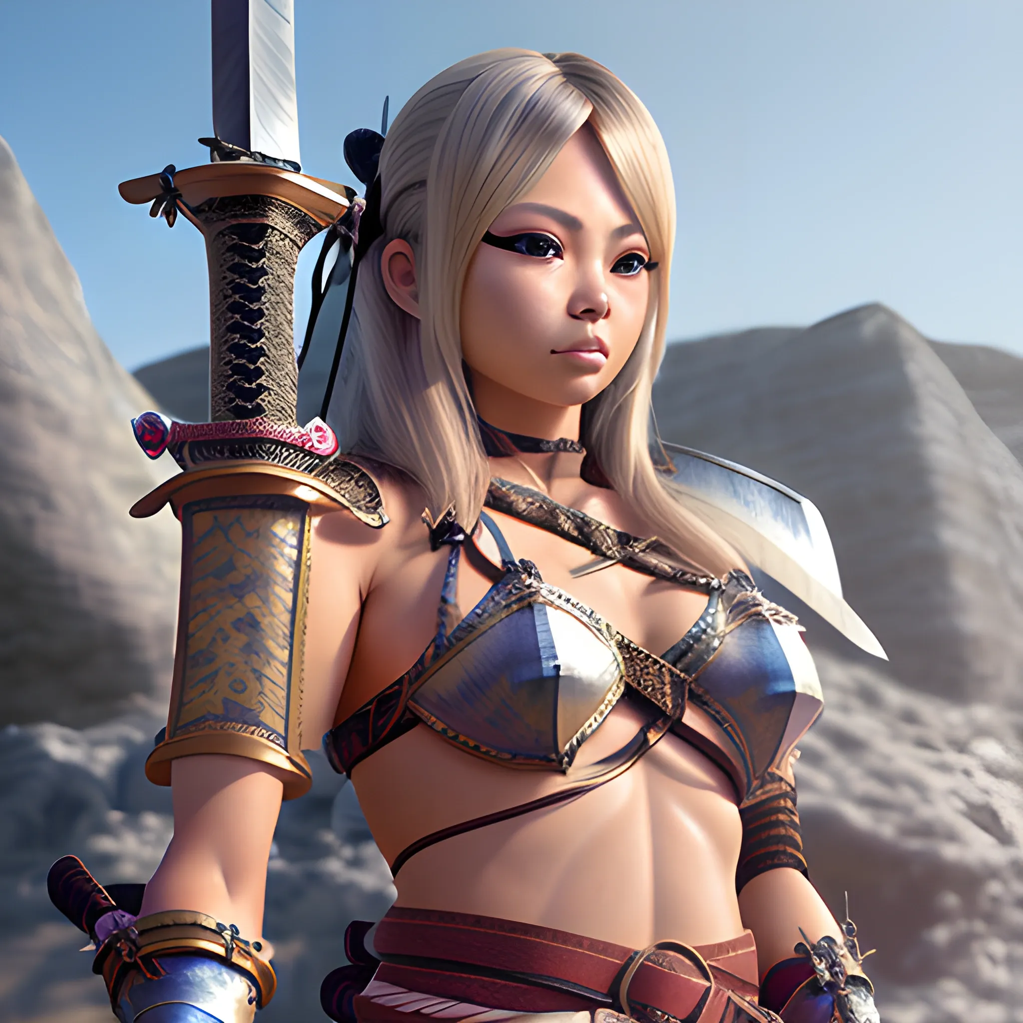 photo of beautiful bikini armor gyaru, beautiful female warrior, beautiful sensuous eyes ,(photo realistic:1.5), (physically-based rendering:1.5), 8K, metal armor, weapon, long (sword:1.5) carry on back, belt dagger, armrest, hair ornament, Headpiece, Gemstones, leather belt bag, boots, rest in mountain view