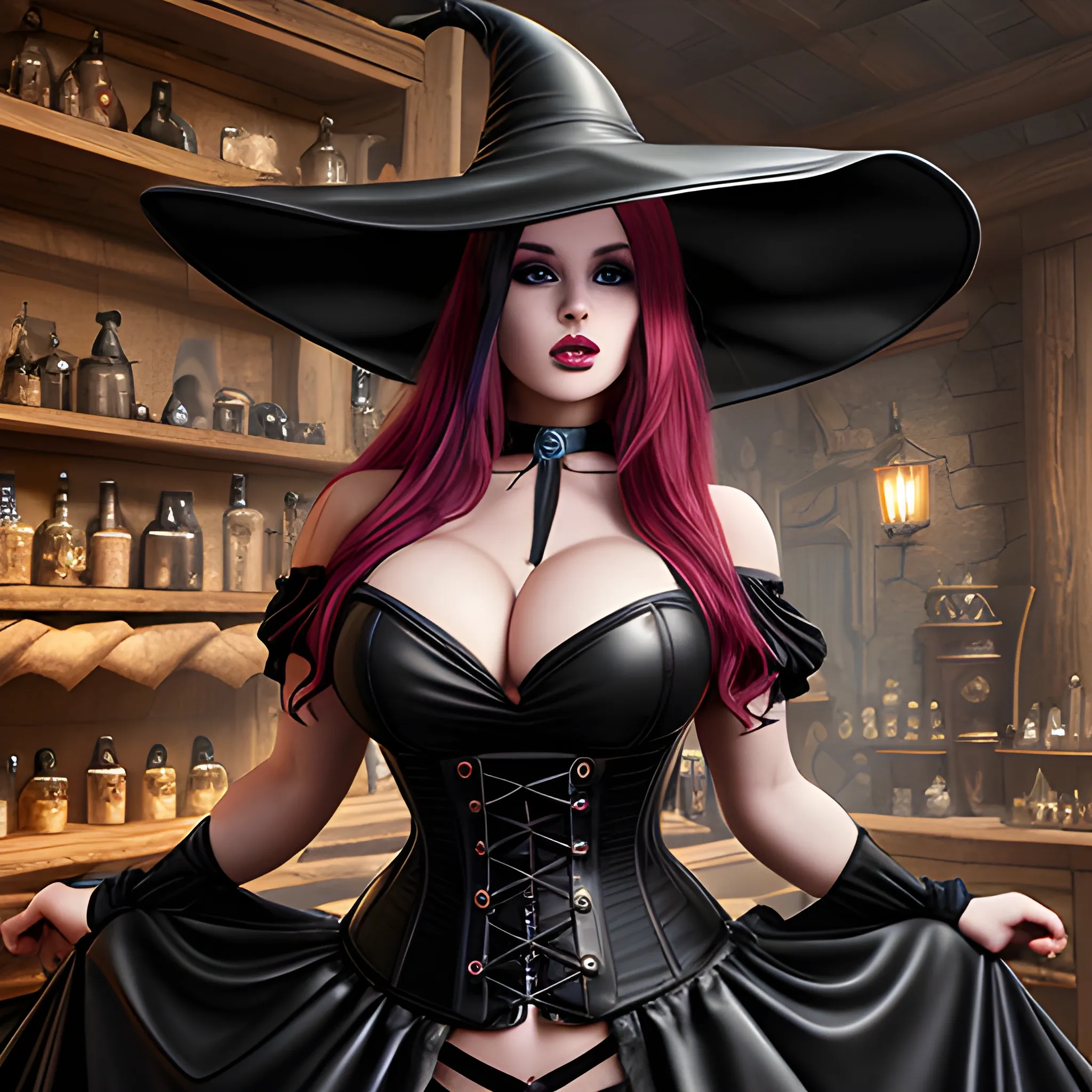 Dragon's Crown™ Sorceress™, hyper dynamic, hyper realistic, hyper voluptuous, hyper slim waist, hyper dynamic pose, upper body shot, long red hair, hyper beautiful face, dark makeup, black leather choker, off shoulder high slit full skirt purple and black peasant dress with leather corset, black floppy brimmed witch hat, close up, detailed apothecary interior background, HD, 8k, photography