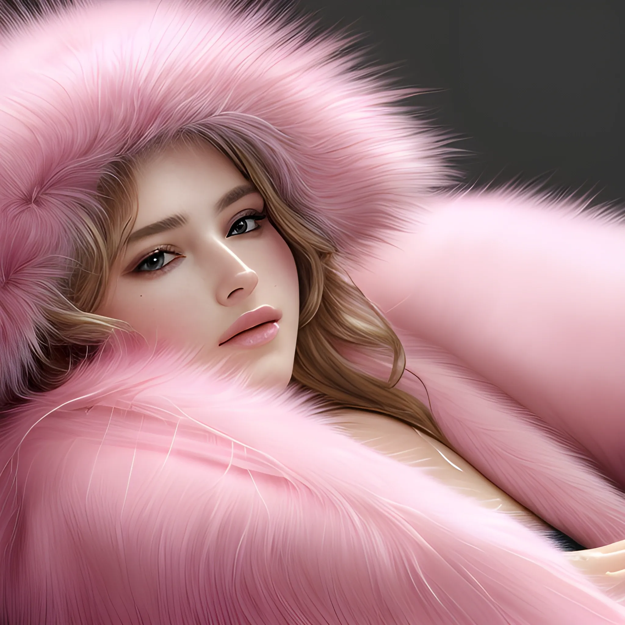 best quality, masterpiece, ultra high res, photorealistic, detailed skin, pink fur coat, lounging