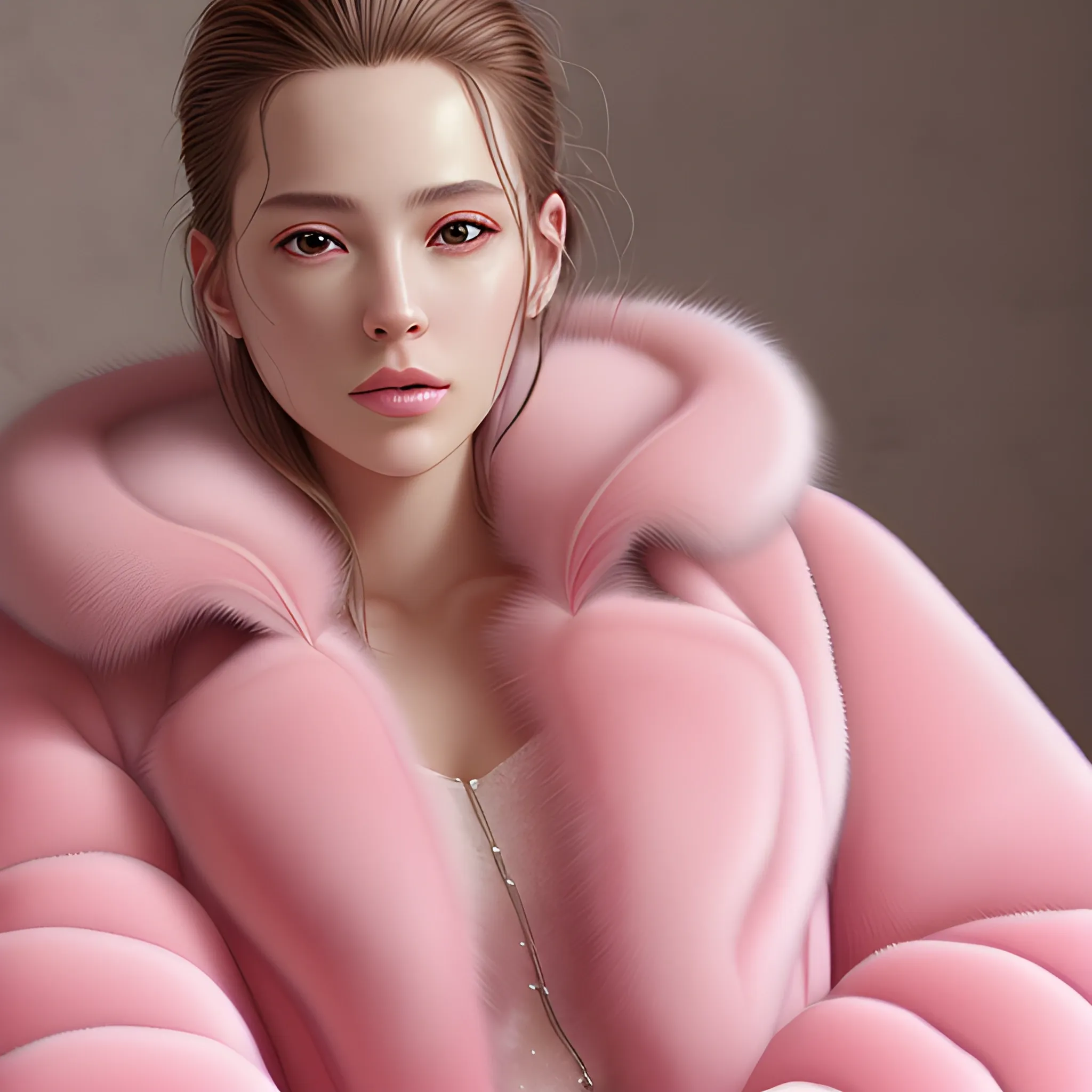 best quality, masterpiece, ultra high res, photorealistic, detailed skin, pink fur coat, lounging
