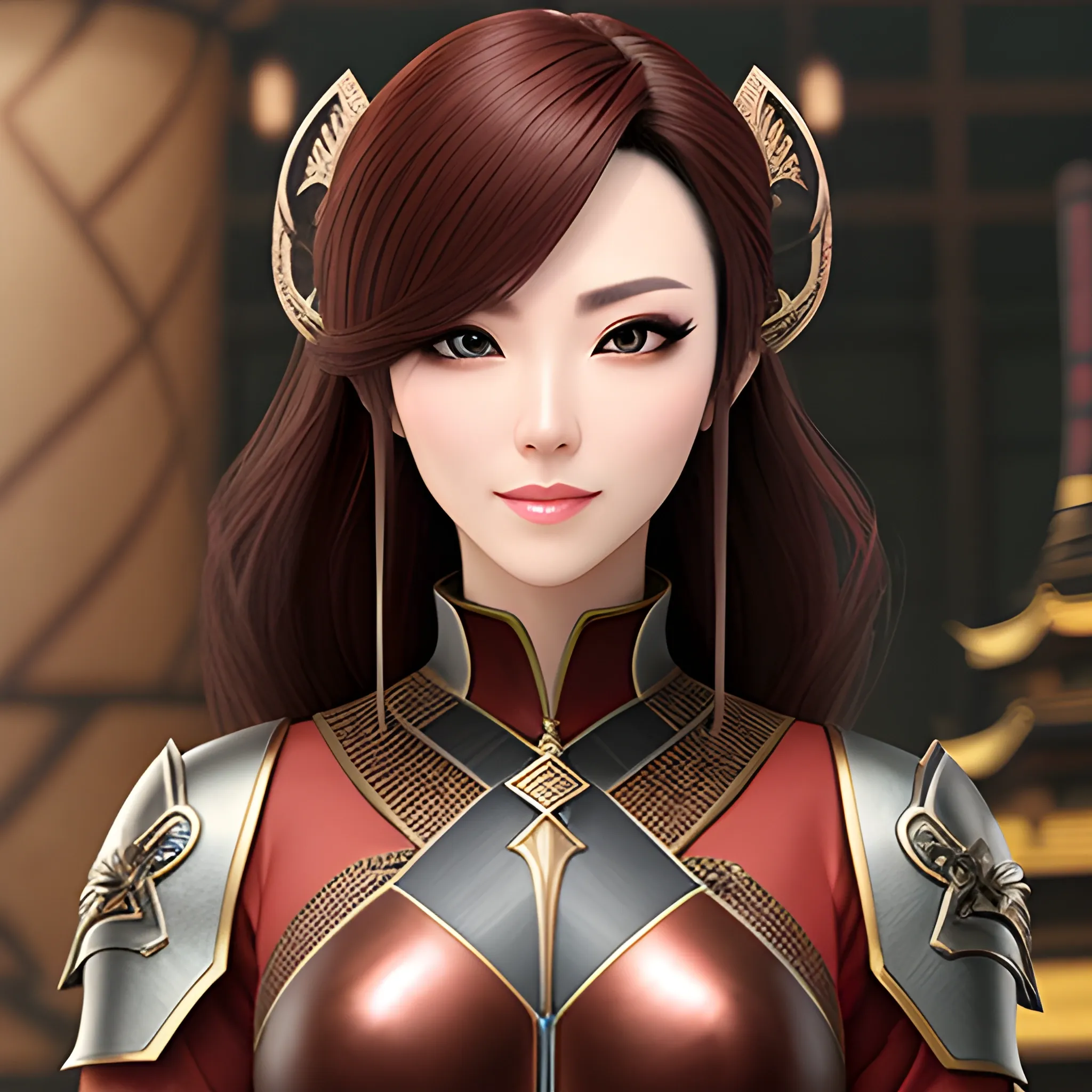 sword have girl at city, beauty face, Japanese, brown hair, 3D, high quality 
