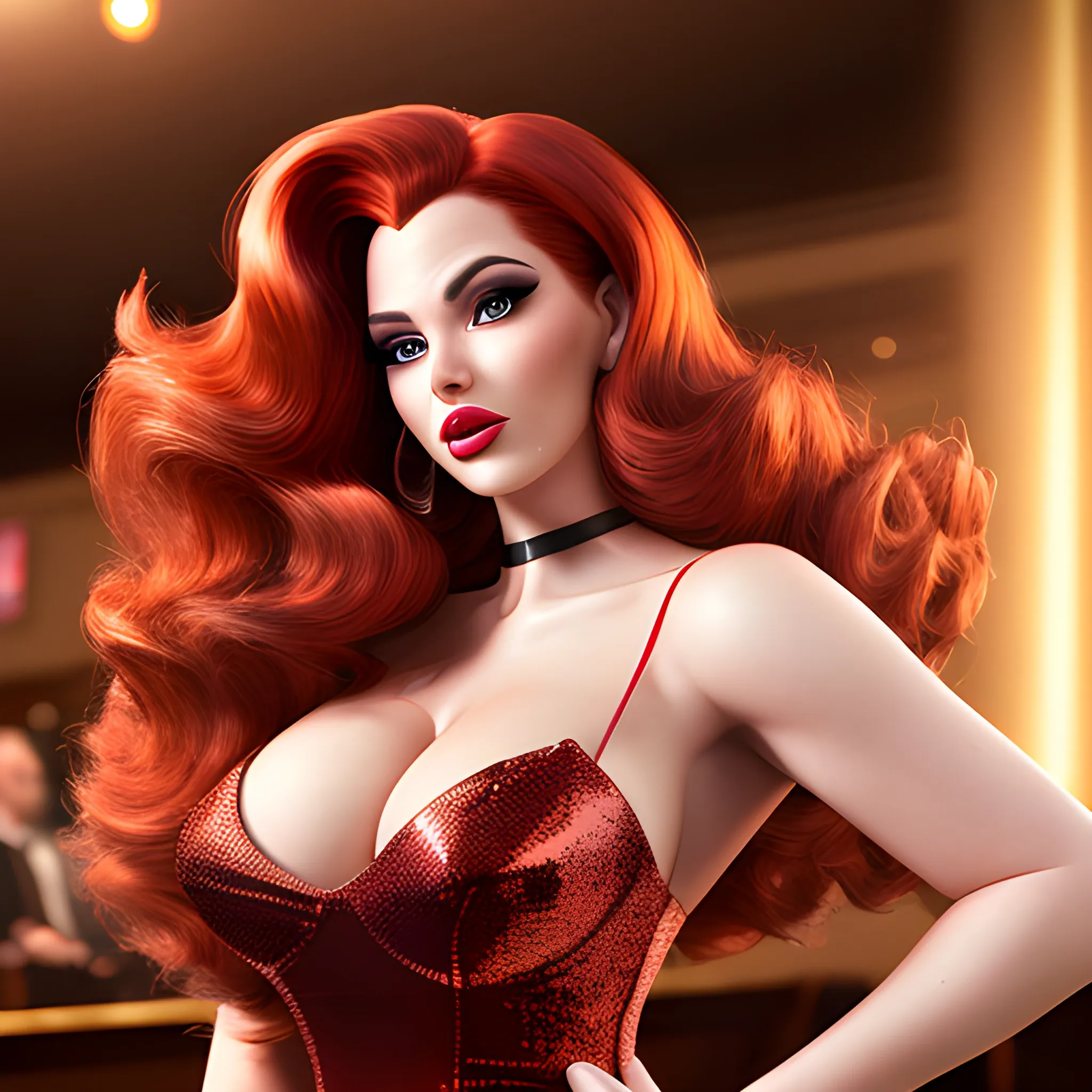 hyper realistic Jessica Rabbit™ dynamic, beautiful Caucasian woman, hair covering eye dynamic, hyper busty, hyper voluptuous, hyper slim waist, hyper dynamic, hyper realistic, hyper beautiful face, hyper dynamic flirtatious pose, flirty expression, full upper body view, long wavy red hair, dark eye makeup, red sequin skin tight strapless evening gown, detailed smoky jazz club interior background, HD, 8k photography