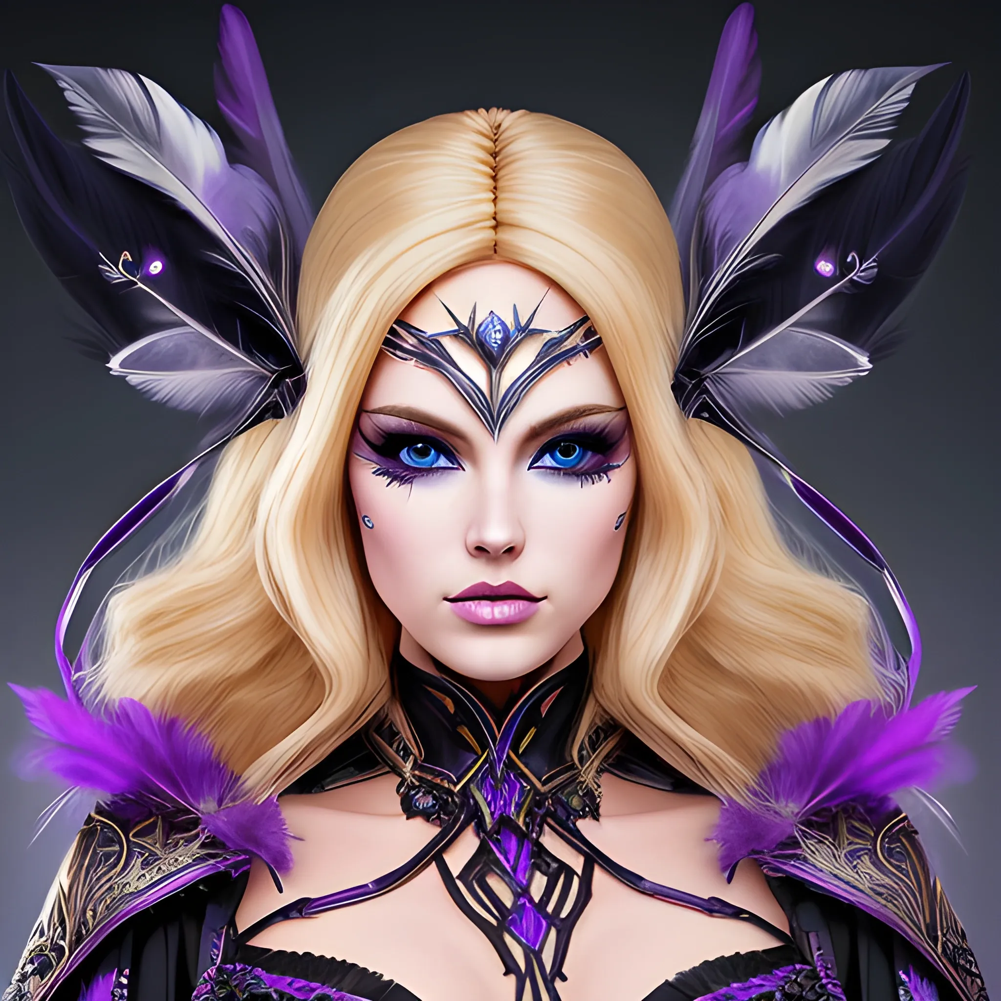 A portrait of a beautiful woman, with beautiful barbie face, thick blondie hair and blue eyes, wearing a dark purple and black WarCraft style robe, wrapped in black lines, with metal feathers on shoulders, fantasy style, beautiful dynamic, hyper detailed