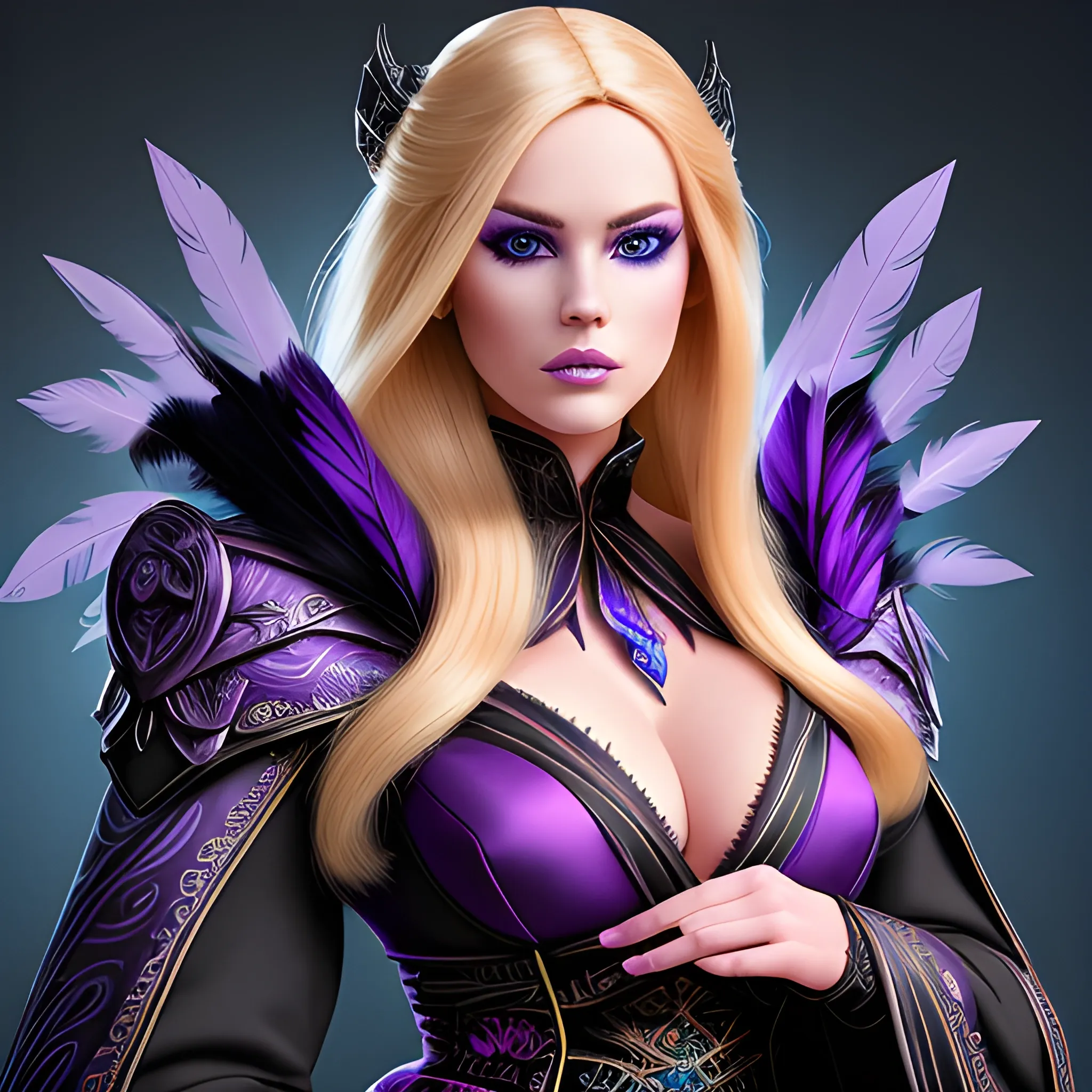 A portrait of a beautiful woman, who looks far ahead with beautiful barbie face, thick blondie hair and blue eyes, wearing a dark purple and black WarCraft style robe, wrapped in black lines, with metal feathers on shoulders, fantasy style, beautiful dynamic, hyper detailed