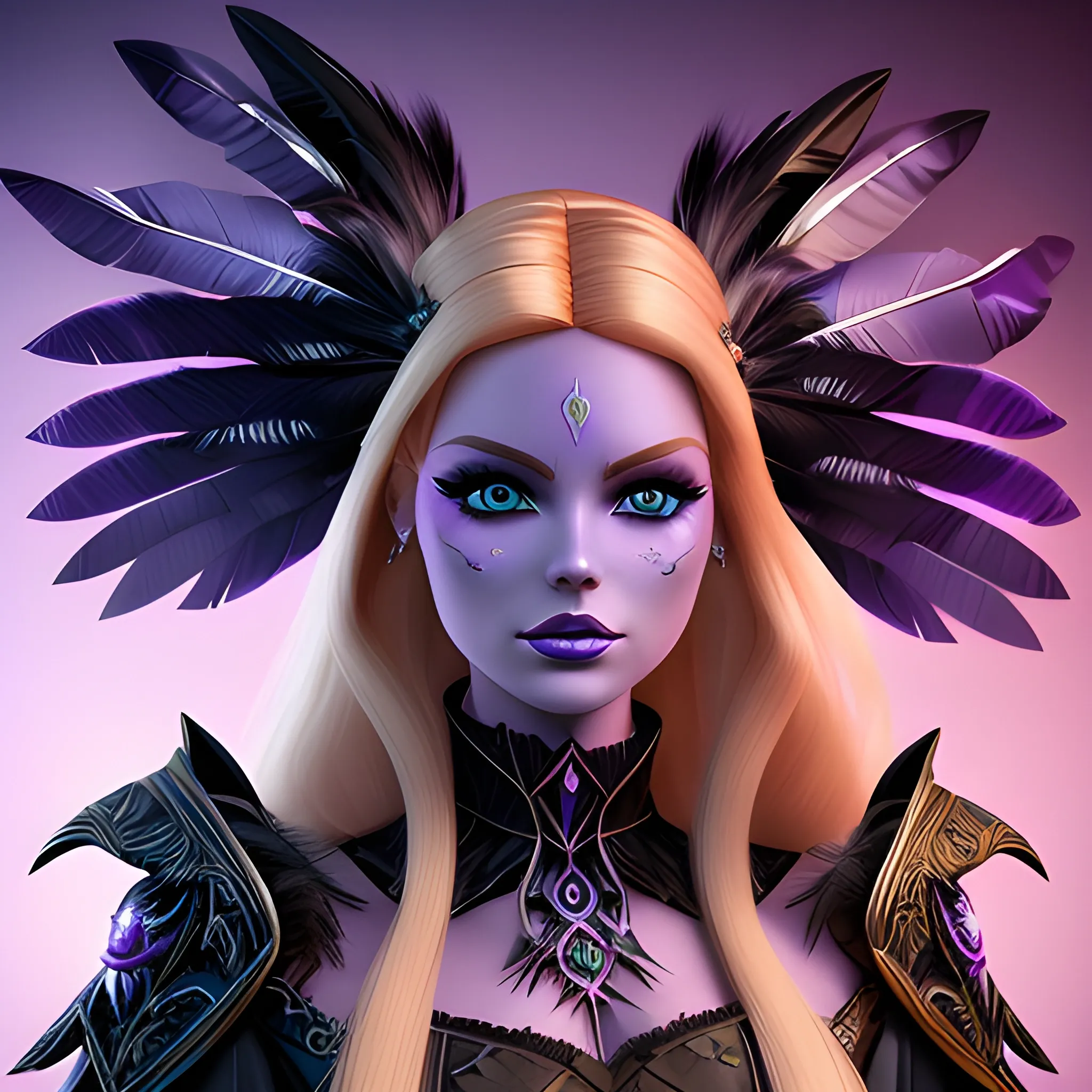 A portrait of a beautiful woman, who looks far ahead with beautiful barbie face, thick blondie hair and blue eyes, wearing a dark purple and black WarCraft style robe, wrapped in black lines, with metal feathers on shoulders, fantasy style, beautiful dynamic, hyper detailed, 3D, gaming style