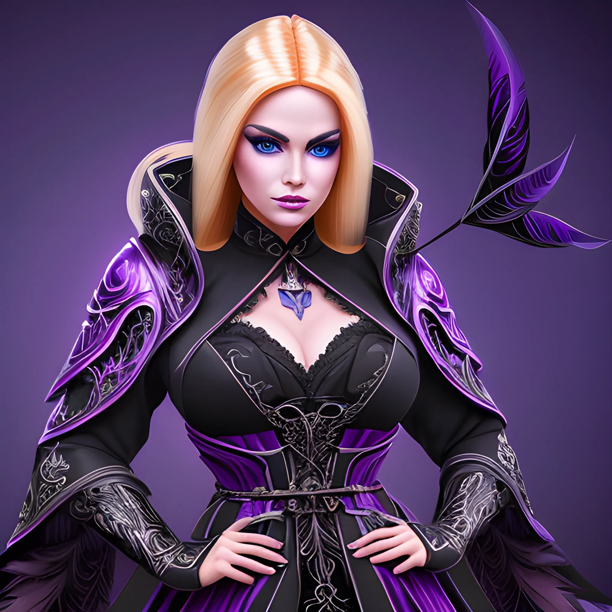 A portrait of a beautiful woman, who looks far ahead with beautiful barbie face, thick blondie hair and blue eyes, wearing a dark purple and black WarCraft style robe, wrapped in black lines, with metal feathers on shoulders, fantasy style, beautiful dynamic, hyper detailed, gaming style