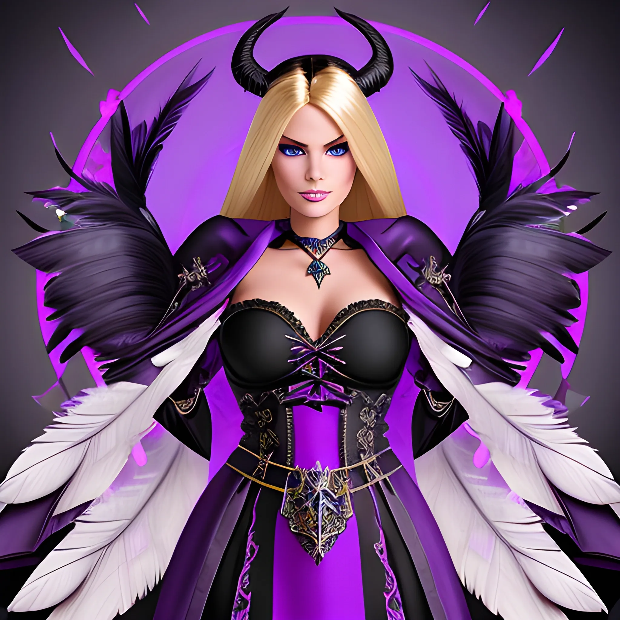 A portrait of a beautiful woman, who is a character in a game about mystical adventures, witches and magicians, who looks far ahead with beautiful barbie face, thick blondie hair and blue eyes, wearing a dark purple and black WarCraft style robe, wrapped in black lines, with metal feathers on shoulders, fantasy style, beautiful dynamic, hyper detailed, gaming style