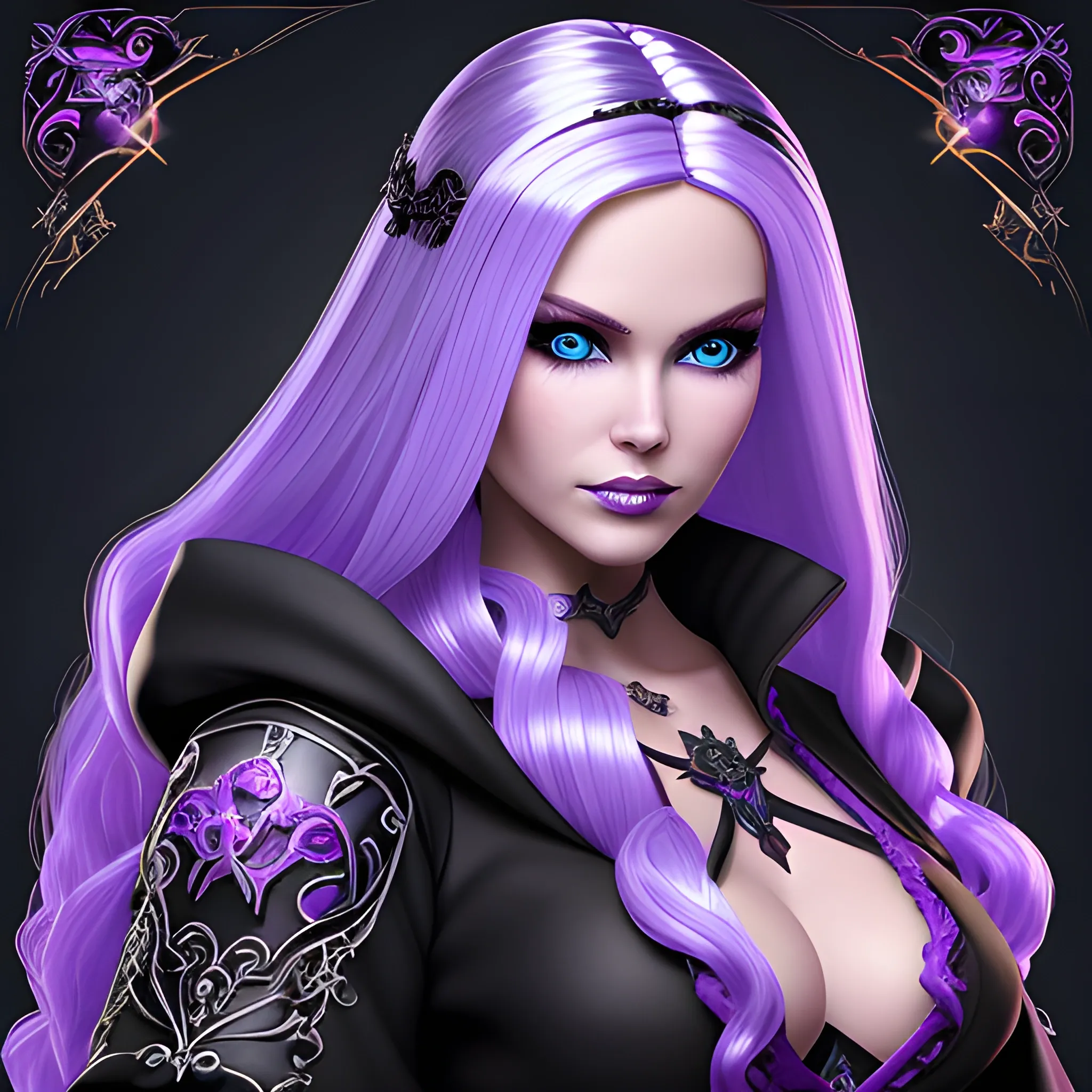 A portrait of a beautiful woman, who is a character in a game about mystical adventures, witches and magicians, who looks far ahead with beautiful barbie face, thick blondie hair and light-blue eyes, wearing a dark purple and black WarCraft style robe, wrapped in black lines, fantasy style, beautiful dynamic, hyper detailed, gaming style