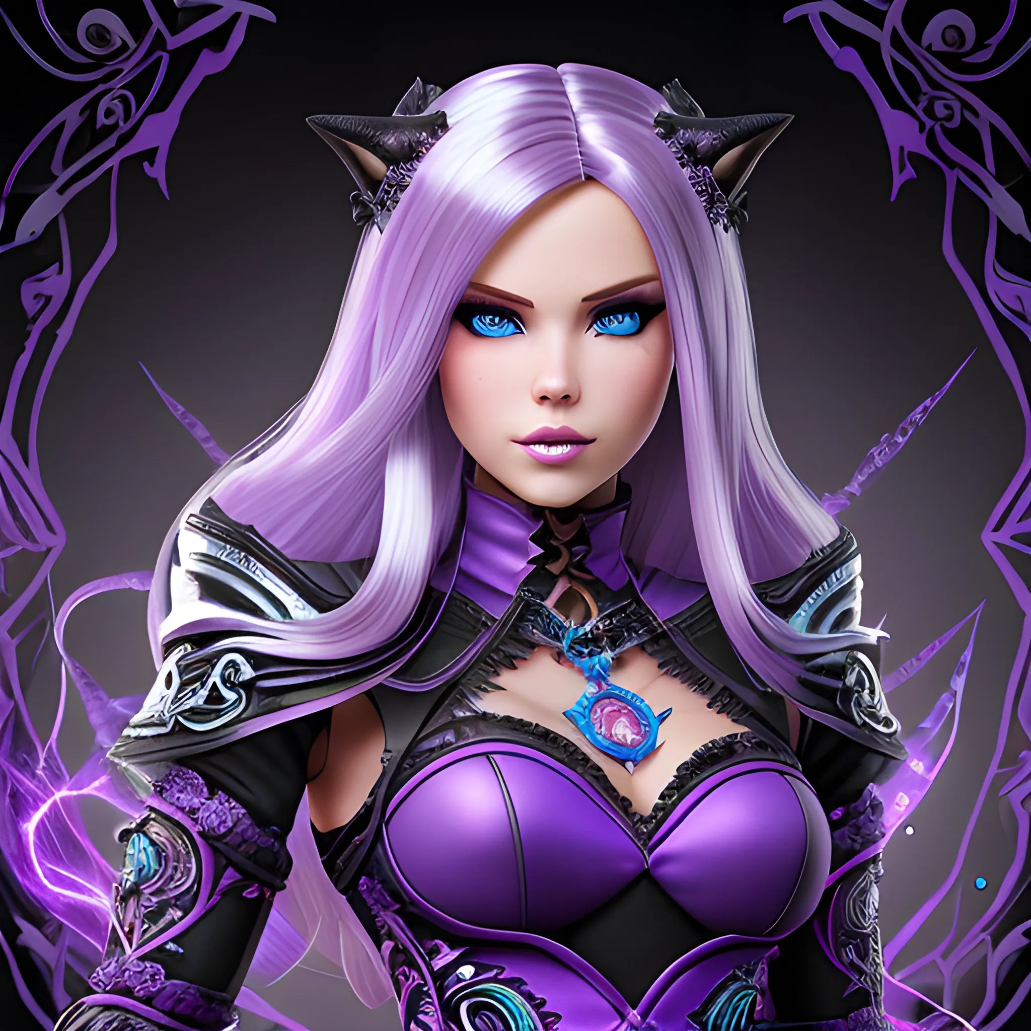 A hyper detailed, gaming style portrait of a beautiful woman, with beautiful dynamic background who is a character in a game about mystical adventures, witches and magicians, who looks far ahead with beautiful barbie face, thick blondie hair and light-blue eyes, wearing a fantasy style dark purple and black WarCraft style wear, wrapped in black lines,