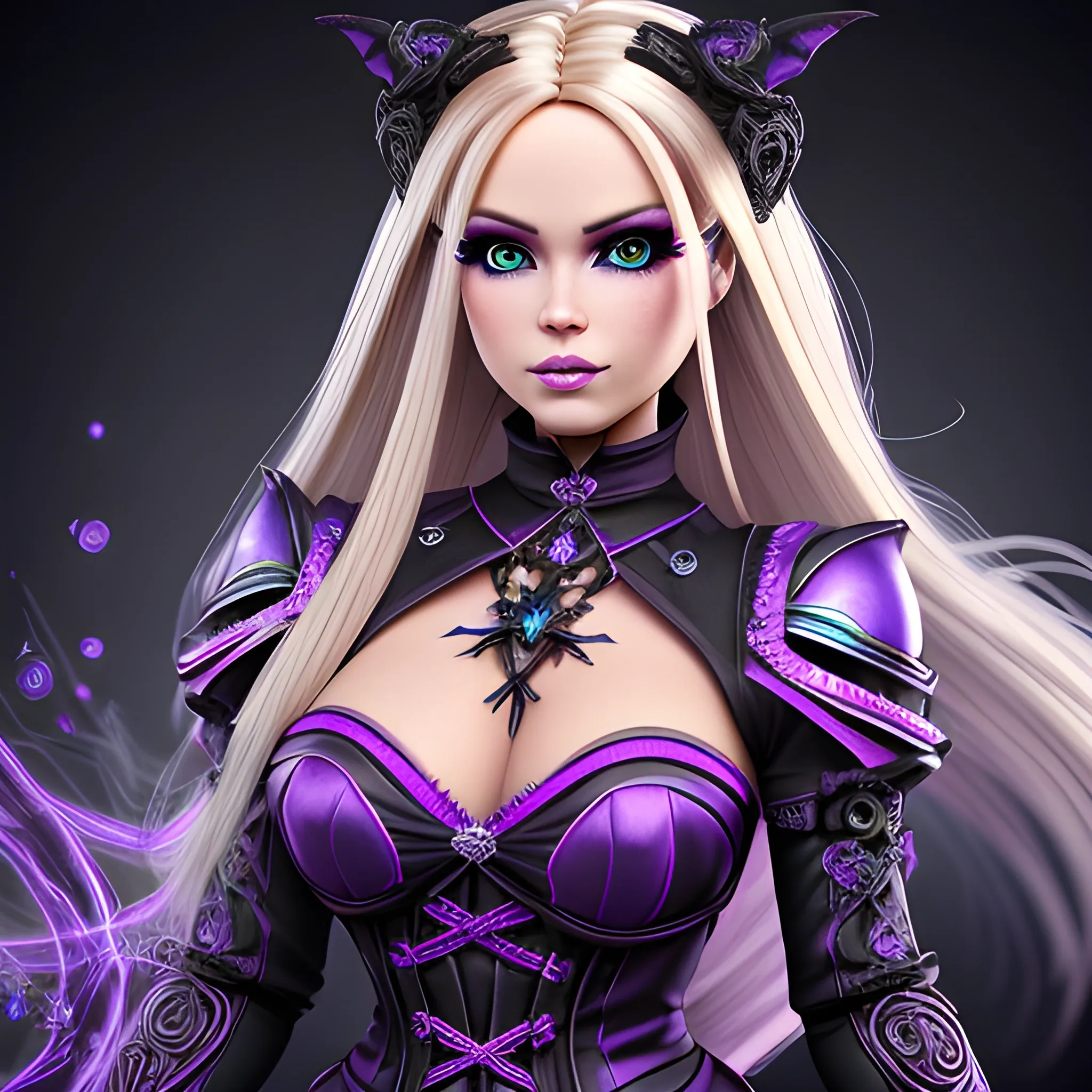 A hyper detailed, gaming style portrait of a beautiful woman, with beautiful dynamic background who is a character in a game about mystical adventures, witches and magicians, who looks far ahead with beautiful barbie face, thick blondie hair and light-blue eye pupil, wearing a fantasy style dark purple and black WarCraft style wear, wrapped in black lines,