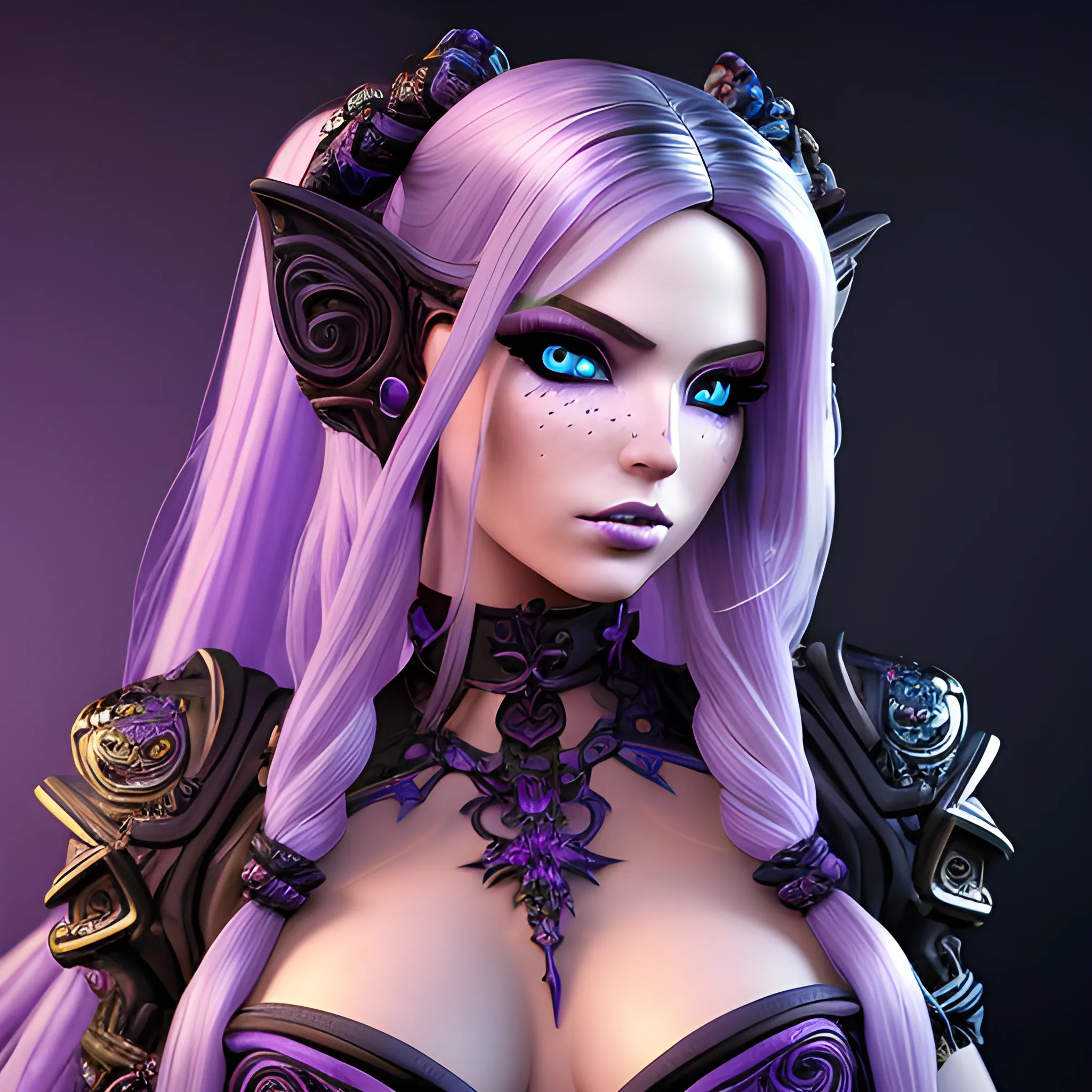 A hyper detailed, gaming style portrait of a beautiful woman, with beautiful bust, who is a character in a game about mystical adventures, witches and magicians, who looks far ahead with beautiful barbie face, with thick blondie hair and with light-blue eye pupil, wearing a fantasy style dark purple and black WarCraft style wear, wrapped in black lines with beautiful dynamic background