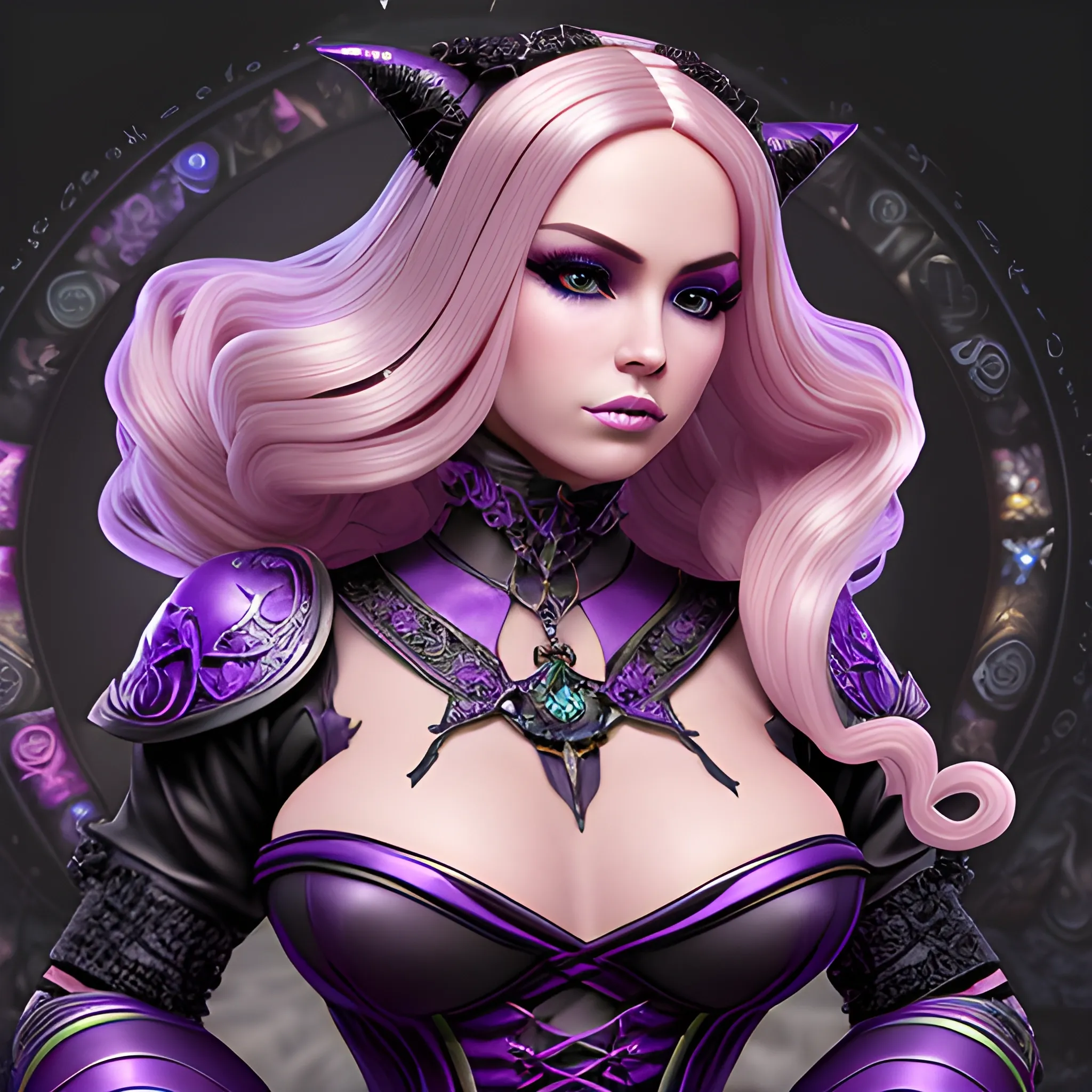 A hyper detailed, gaming style portrait of a beautiful woman, with beautiful bust, who is a character in a game about mystical adventures, witches and magicians, who looks far ahead with beautiful barbie face, with thick blondie hair, wearing a fantasy style dark purple and black WarCraft style wear, wrapped in black lines with beautiful dynamic background