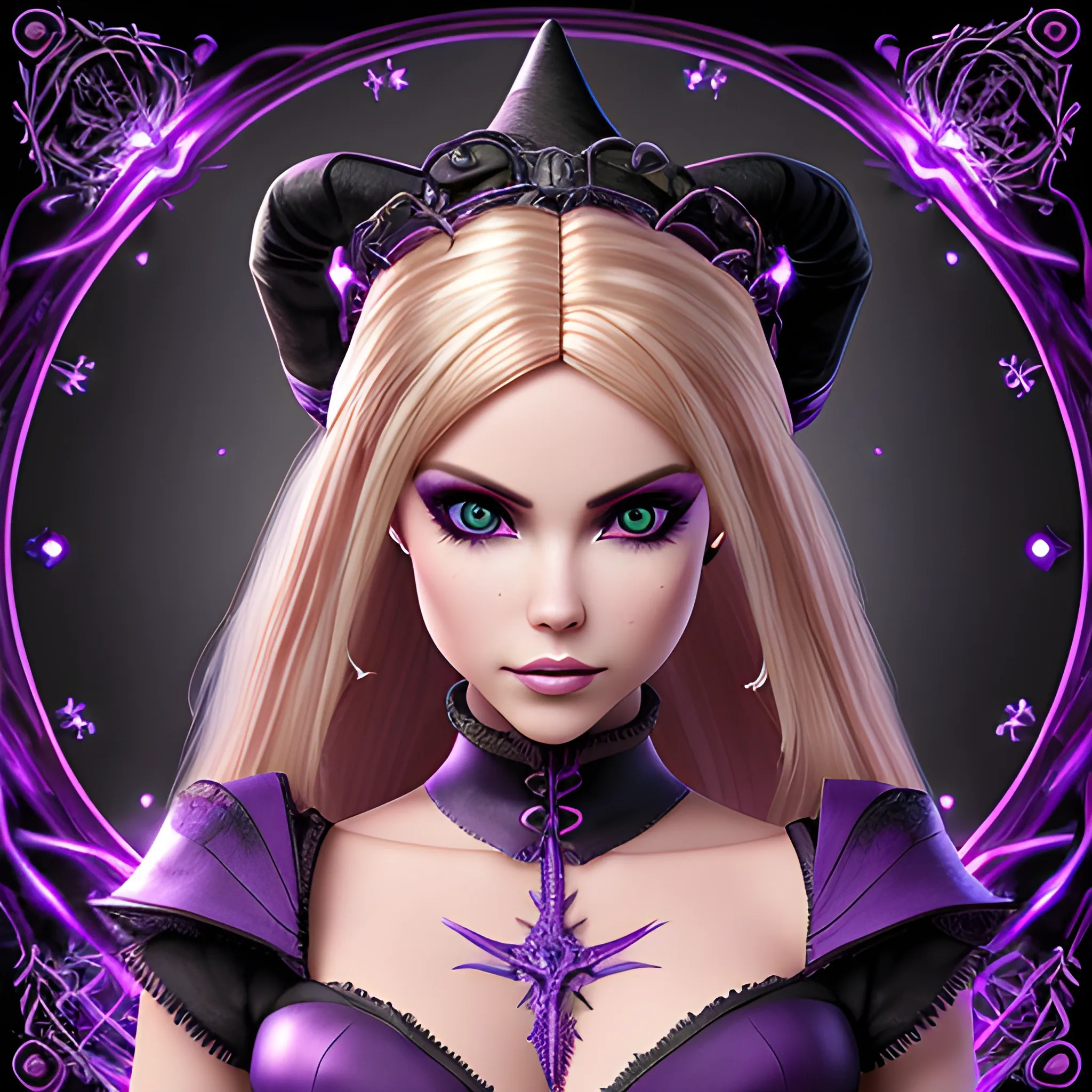 A hyper detailed, gaming style portrait of a beautiful woman, with beautiful bust, who is a character in a game about mystical adventures, witches and magicians, who looks far ahead with beautiful barbie face, with thick blondie hair, wearing a fantasy style dark purple and black MagicCraft game style wear, wrapped in black lines with beautiful dynamic background