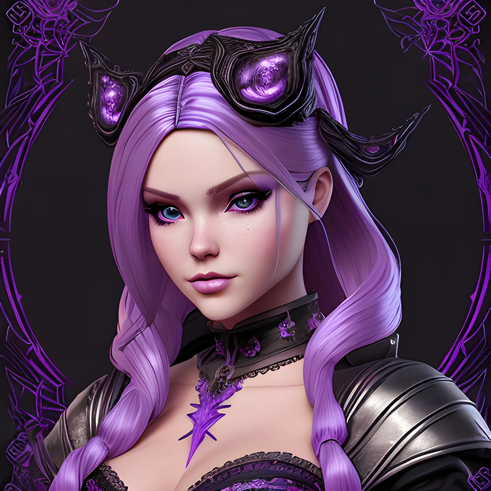 A hyper detailed, gaming style portrait of a beautiful woman, with beautiful bust, who is a character in a game about mystical adventures, witches and magicians, who looks far ahead with beautiful barbie face, with thick blondie hair, wearing a fantasy style dark purple and black MagicCraft game style wear, wrapped in black lines with beautiful dynamic background