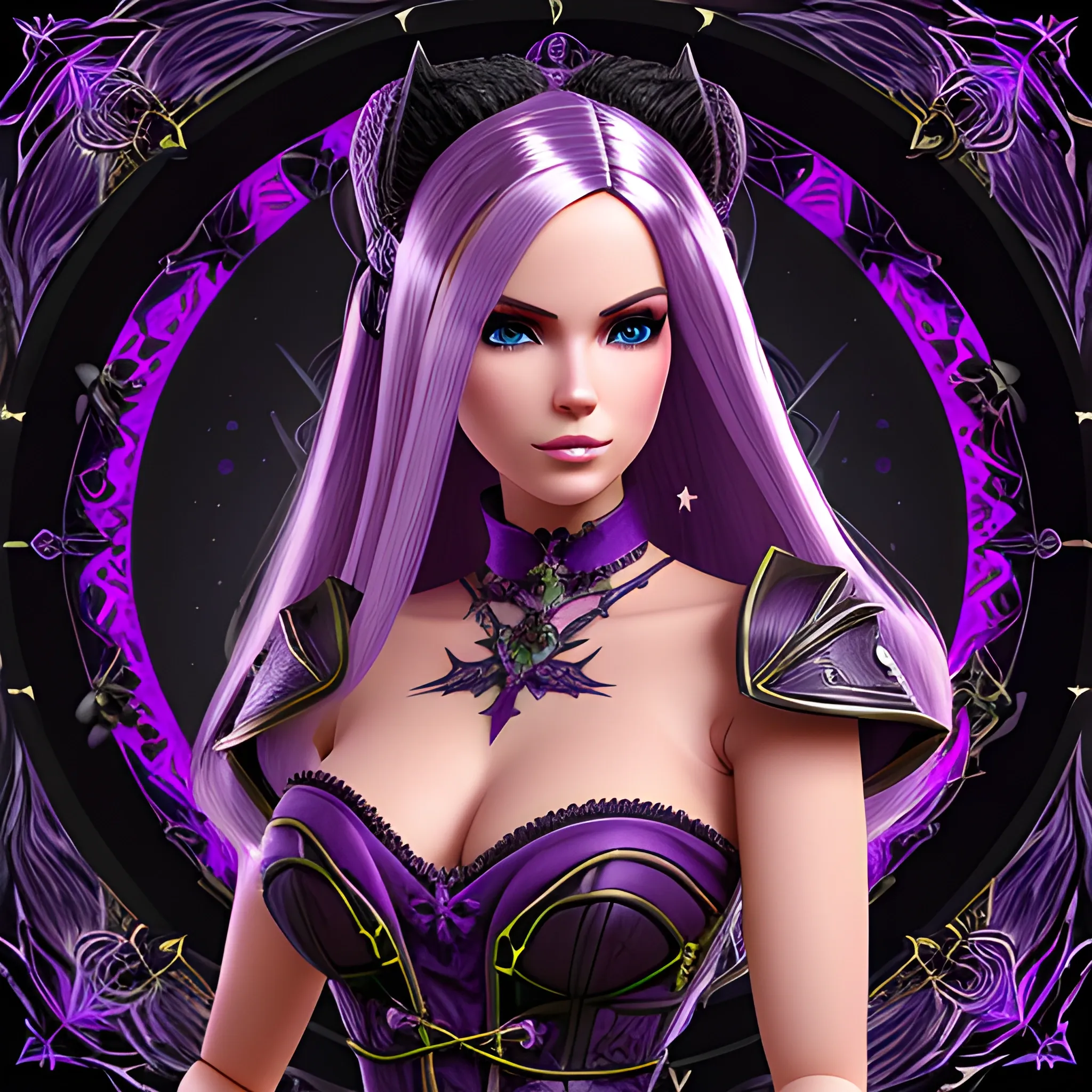 A hyper detailed, gaming style portrait of a beautiful woman, with beautiful bust, who is a character in a game about mystical adventures, witches and magicians, who looks far ahead with beautiful barbie face, with thick blondie hair, wearing a fantasy style dark purple and black MagicCraft game style wear, wrapped in black lines with beautiful dynamic background