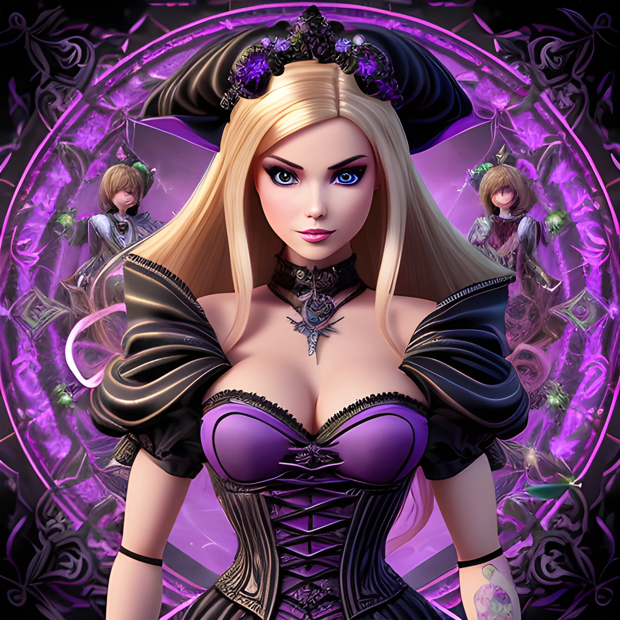 A hyper detailed, gaming style portrait of a beautiful woman, with beautiful bust, who is a character in a game about mystical adventures, witches and magicians, who looks far ahead with beautiful barbie face, with thick blondie hair, wearing a fantasy style dark purple and black MagicCraft game style wear, wrapped in black lines with beautiful dynamic background