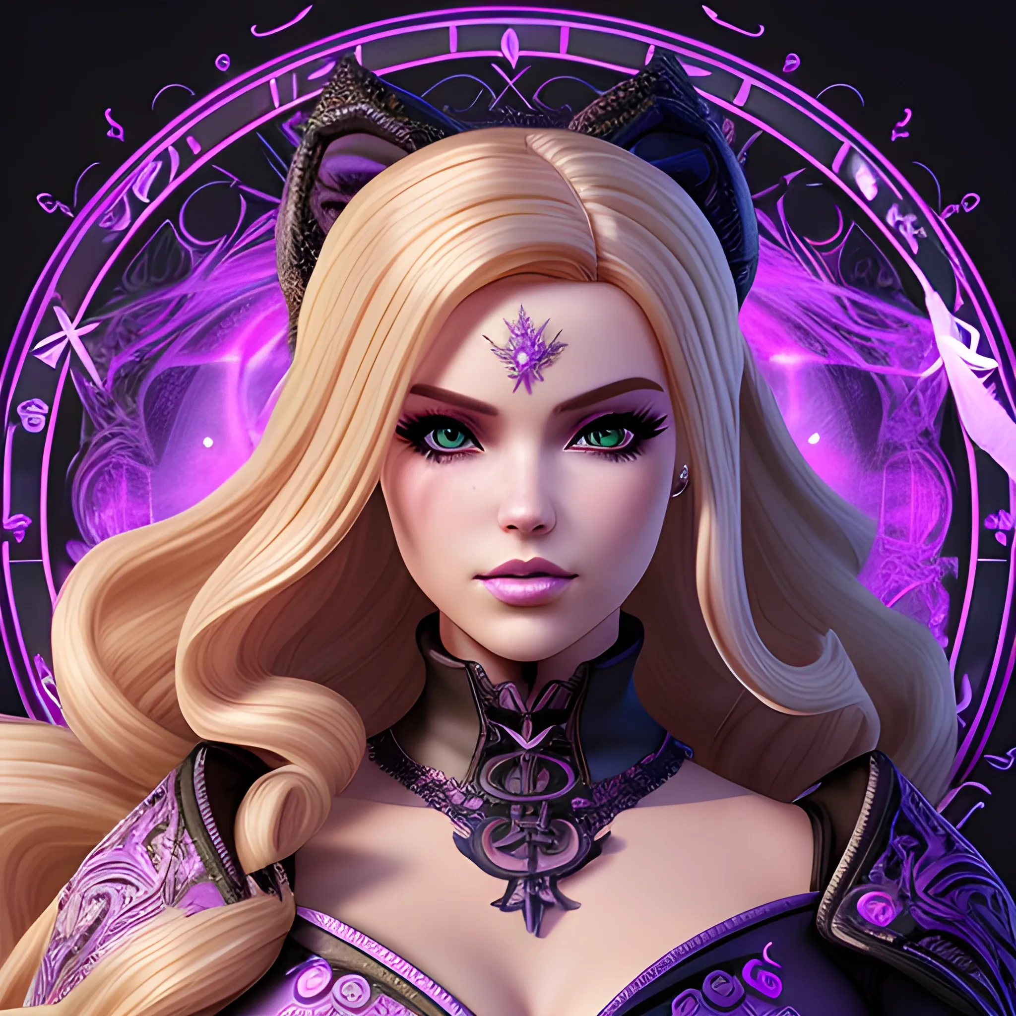 A hyper detailed, gaming style portrait of a beautiful woman, with beautiful bust, who is a character in a game about mystical adventures, witches and magicians, who looks far ahead with beautiful barbie face, with thick blondie hair, wearing a fantasy style dark purple and black MagicCraft game style wear, wrapped in black lines with beautiful dynamic background