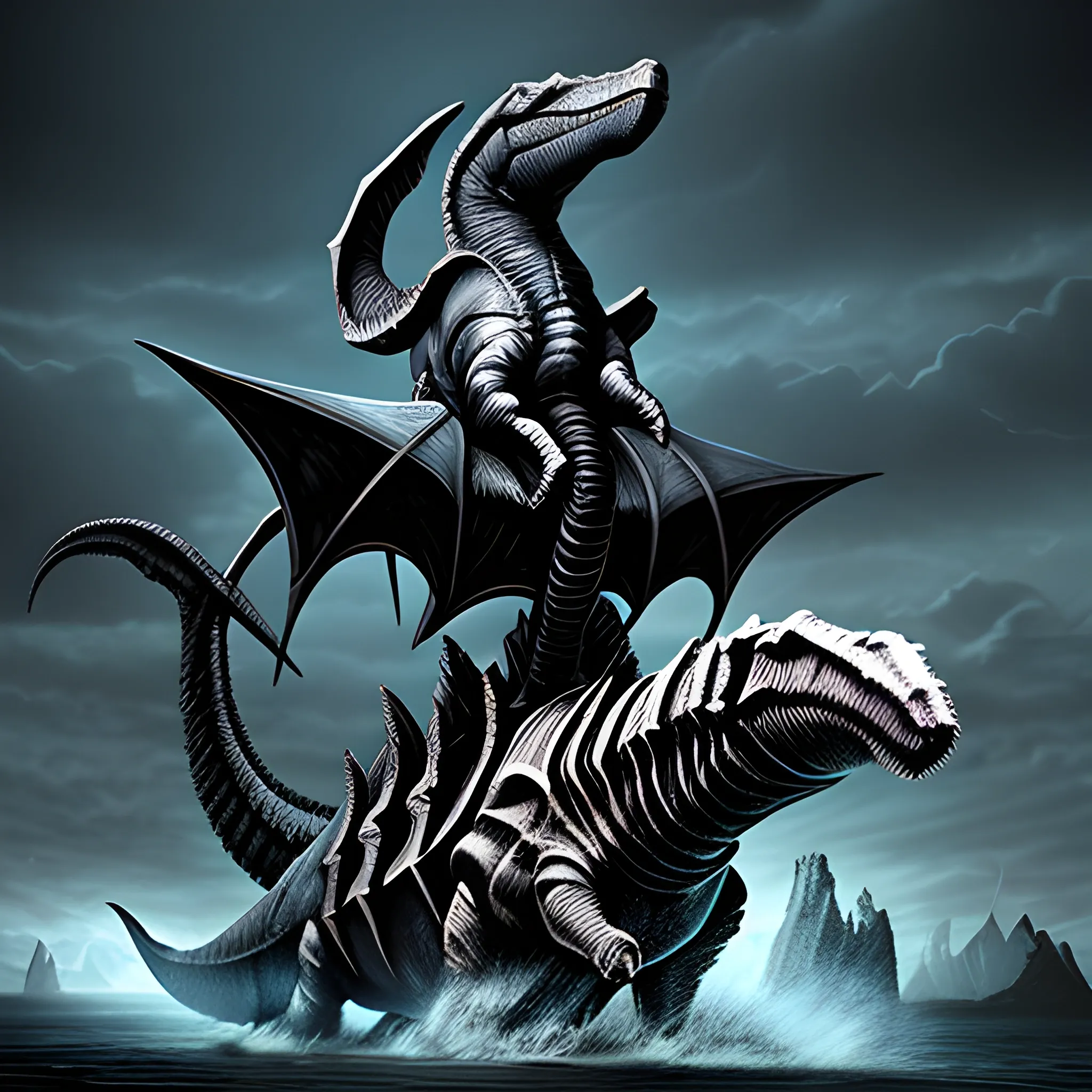 ark style, evil knight riding a Plesiosaur, from hell apocalypse dark knight, battle, dramatic,