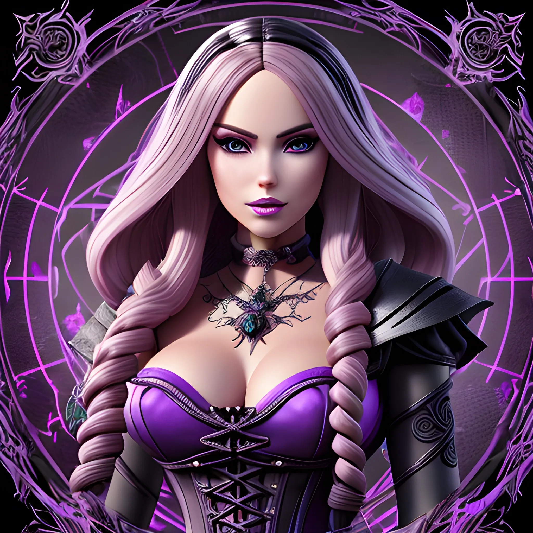 A hyper detailed, gaming style portrait of a beautiful woman, with beautiful bust, who is a character in a game about mystical adventures, witches and magicians, who looks far ahead with beautiful barbie face, with thick blondie hair, wearing a fantasy style dark purple and black MagicCraft game style wear, wrapped in black lines with beautiful dynamic background