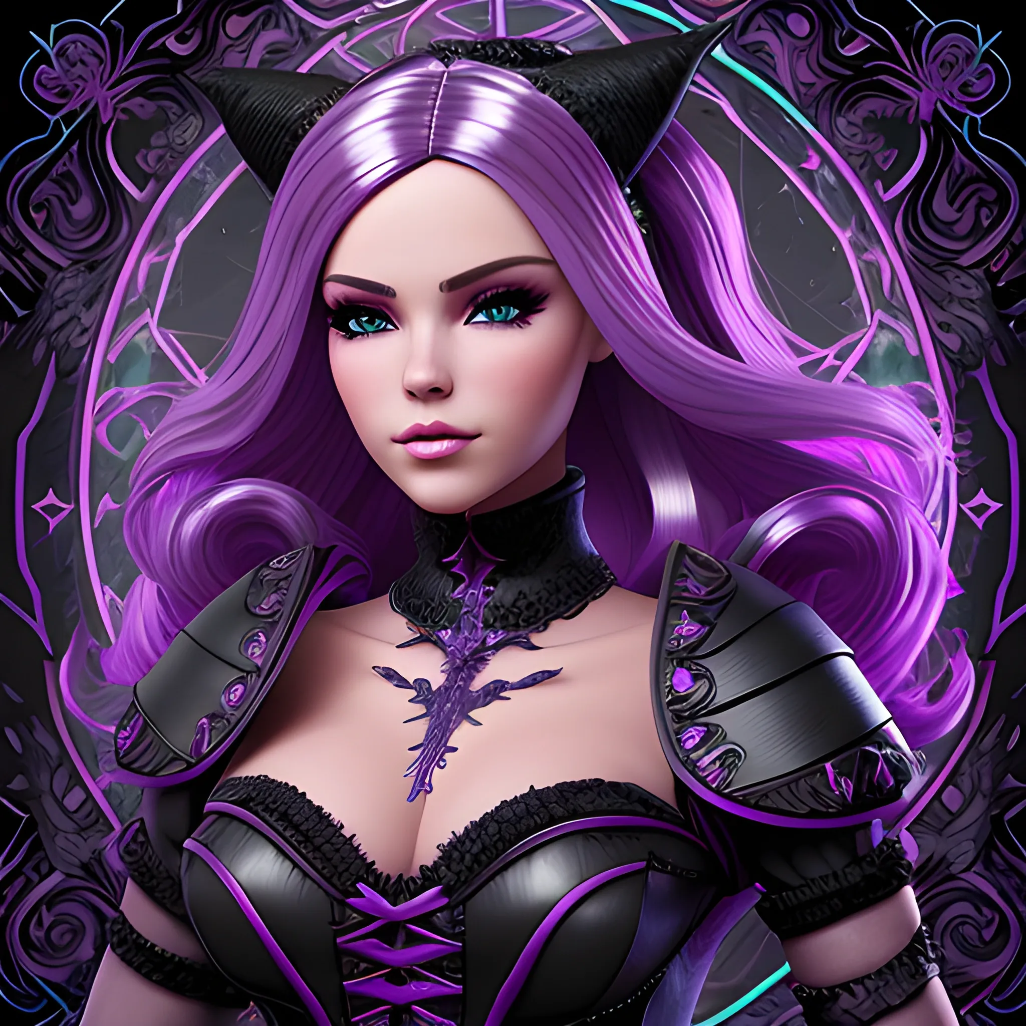 A hyper detailed, gaming style portrait of a beautiful woman, with beautiful bust, who is a character in a game about mystical adventures, witches and magicians, who looks far ahead with beautiful barbie face, with thick blondie hair, wearing a fantasy style dark purple and black MagicCraft game style wear, wrapped in black lines with beautiful dynamic background