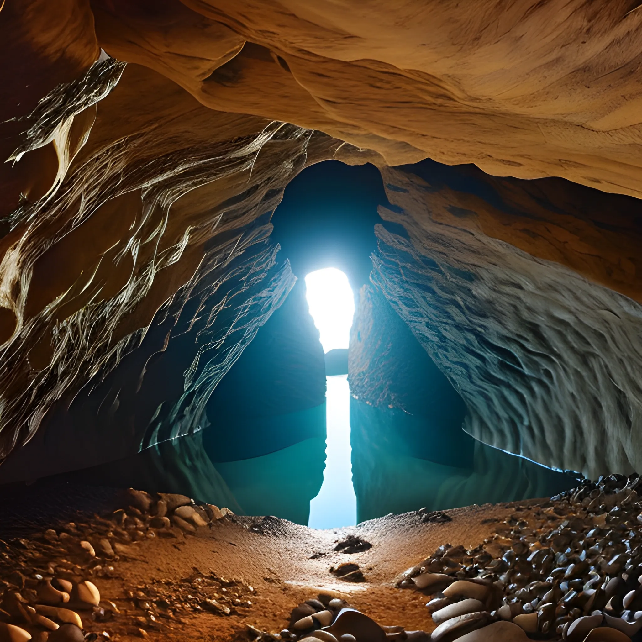 interior of a rocky mined cave, at the end is a wall of water