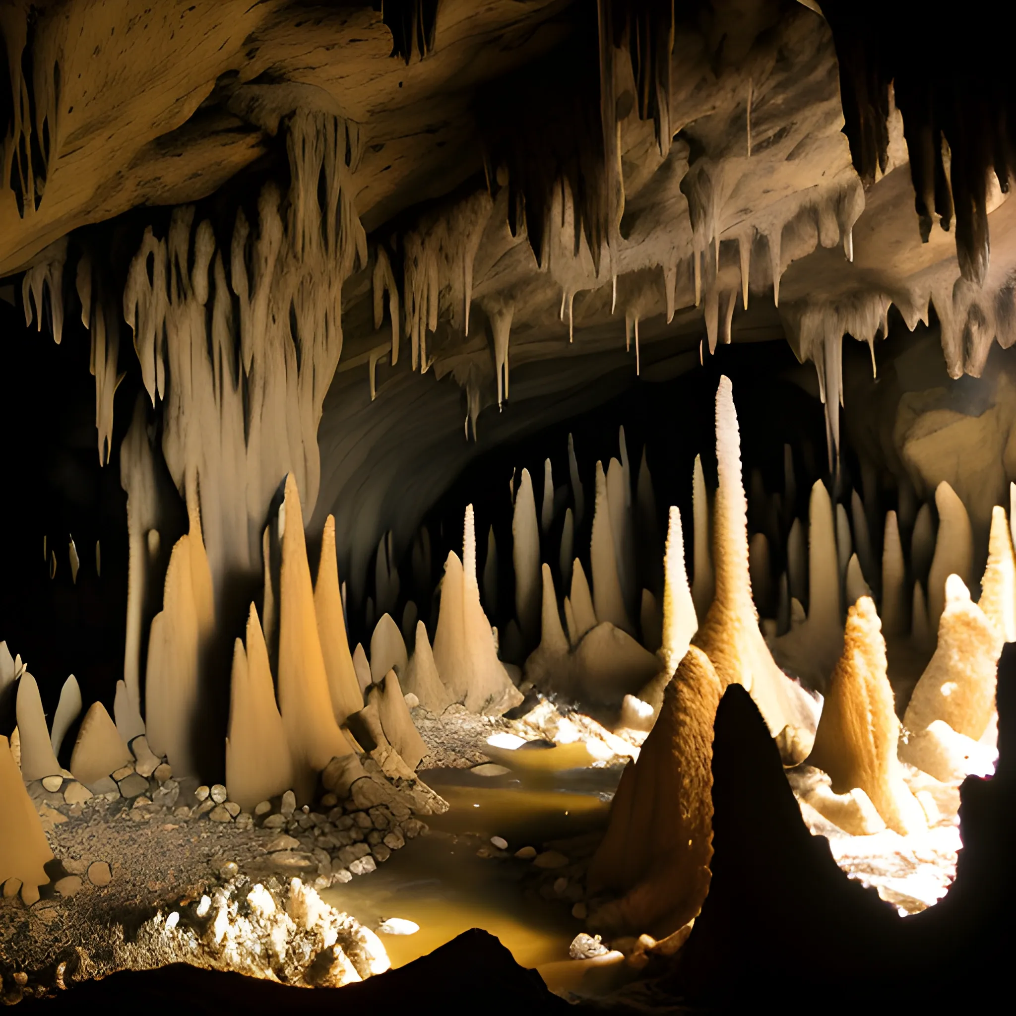 highly detailed, interior of a dark black destroyed rocky mine cave, stalagmites, stalactites 
