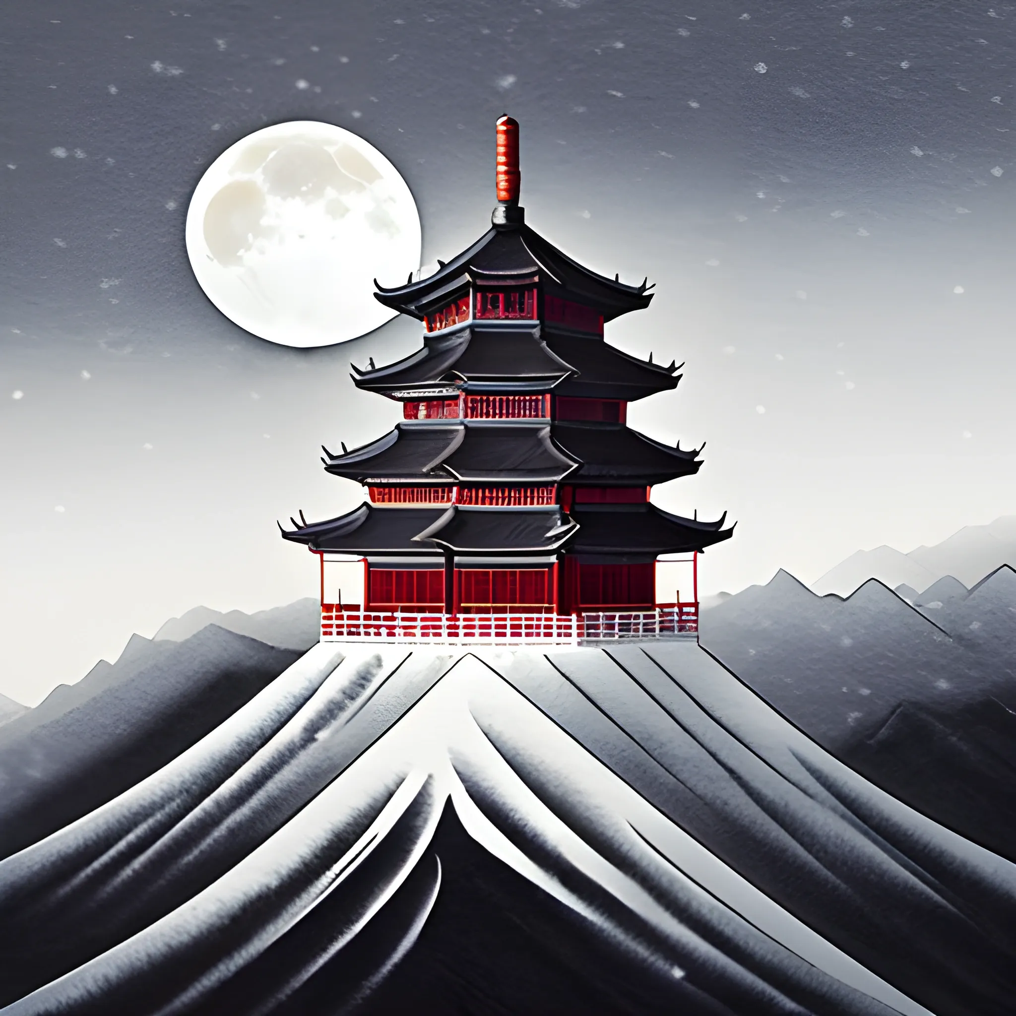 Mysterious Chinese mountain scenery, moon phase, snow and fog, pagoda, traditional ink style, ultra-high details, ultra-high definition