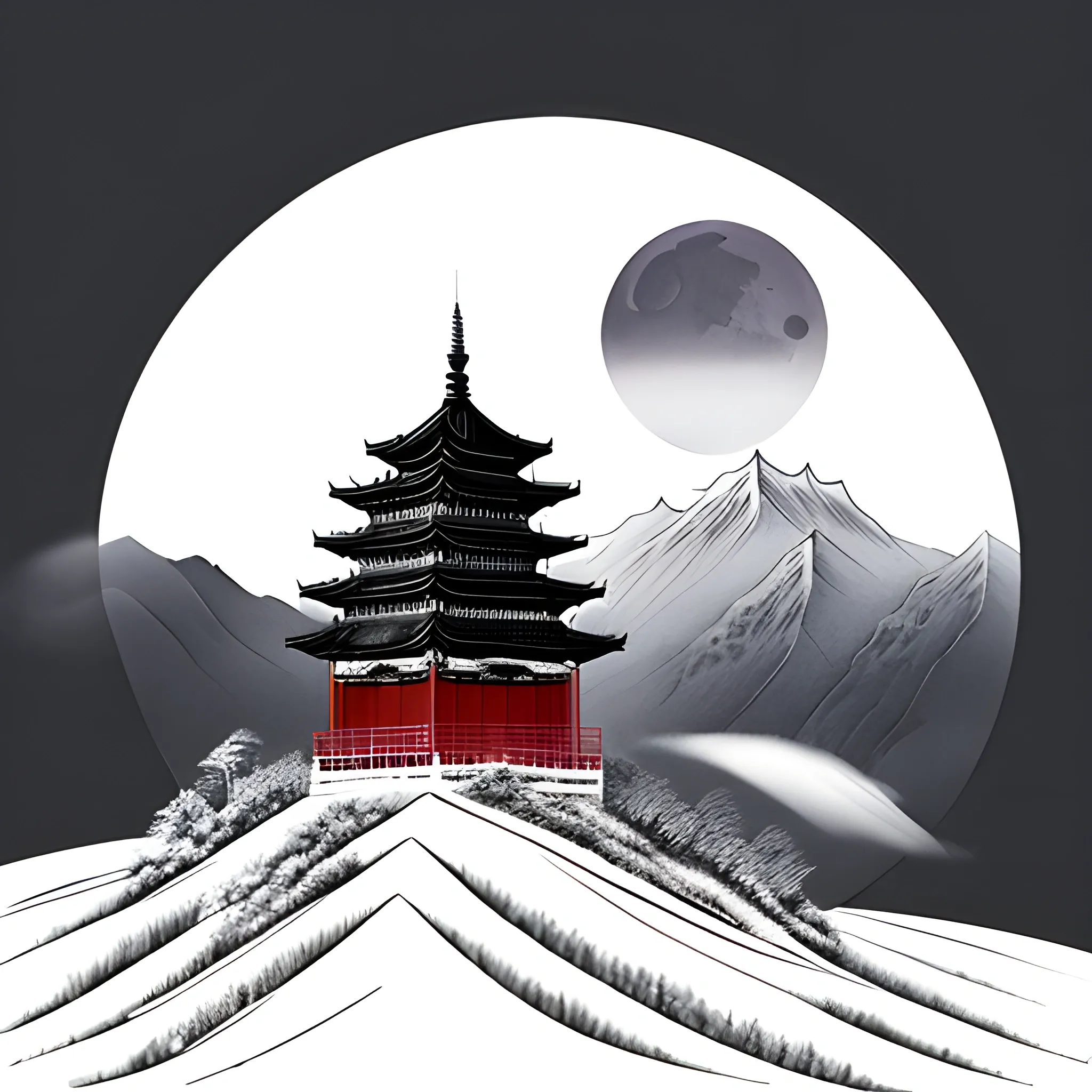 Mysterious Chinese mountain scenery, moon phase, snow and fog, pagoda, traditional ink style, ultra-high details, ultra-high definition