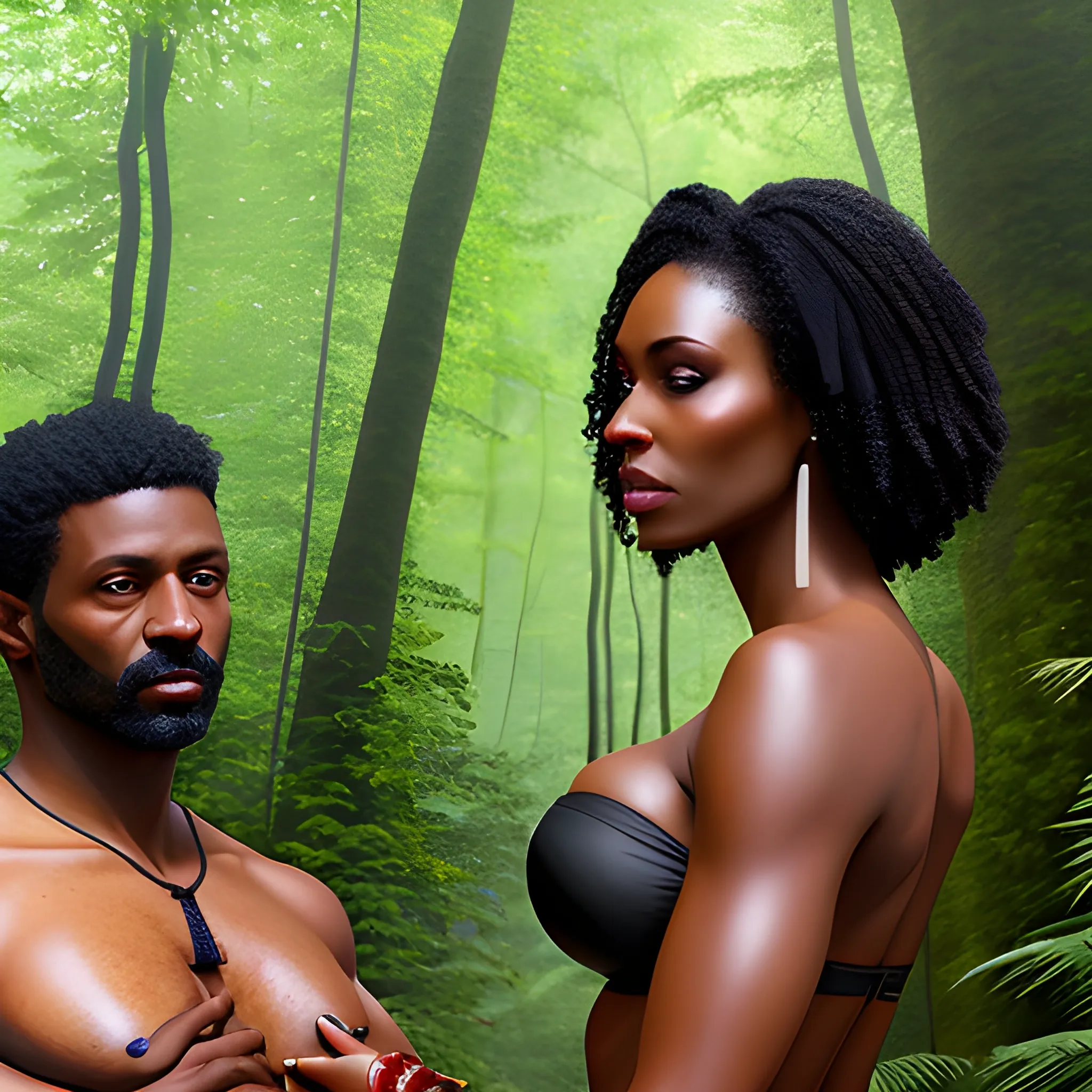 a woman in a forest with her back to the camera and a man in the background, breasts, looking_at_viewer, short_hair, multiple_girls, black_hair, 2girls, bare_shoulders, jewelry, medium_breasts, underwear, standing, panties, ass, earrings, outdoors, parted_lips, solo_focus, day, looking_back, dark_skin, from_behind, dark-skinned_female, tree, lips, crop_top, back, nature, armlet, forest, thong, realistic, bracer, Water Color, Oil Painting