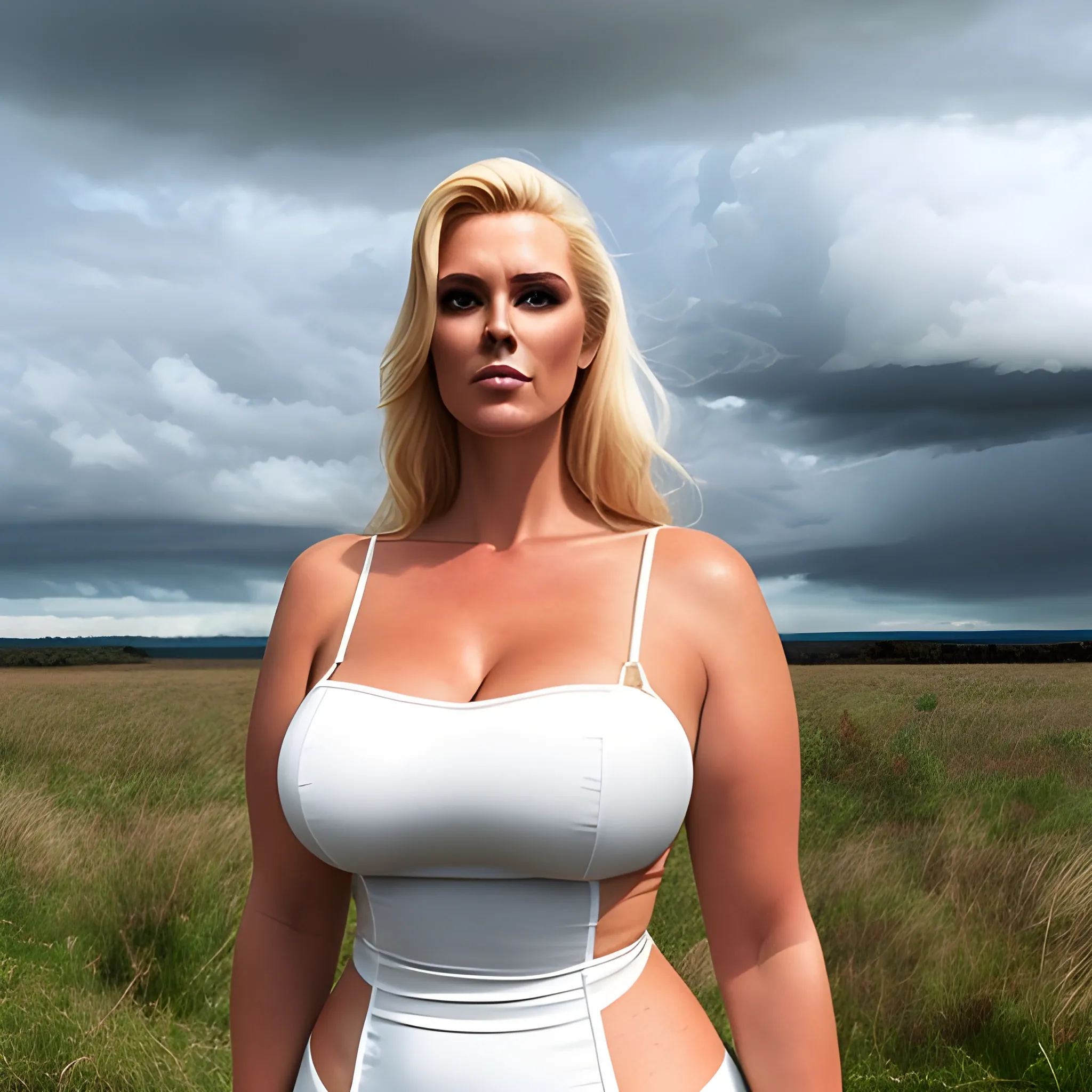 very tall robust curvy blonde girl standing under clouds 