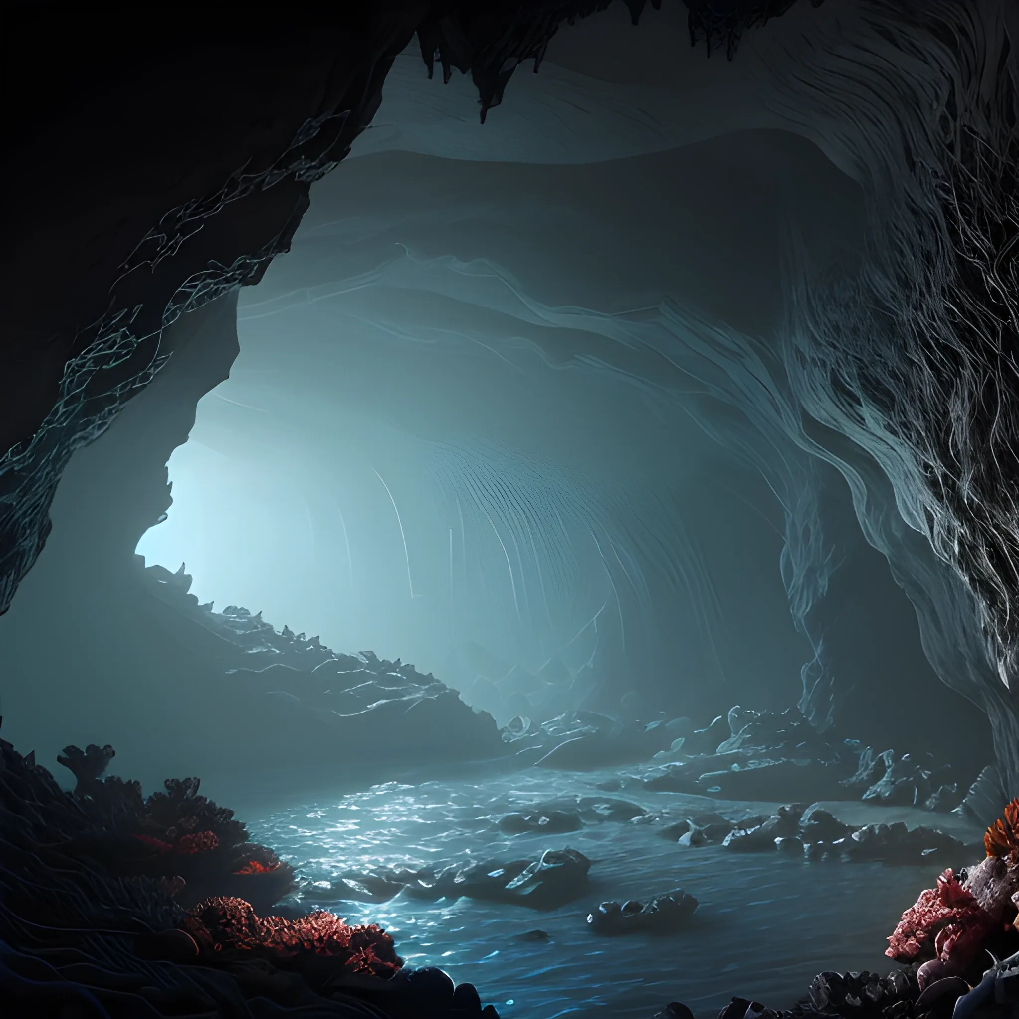 highly detailed, interior of a dark black destroyed coral reef cave, moody lighting, dnd, jagged rocks
