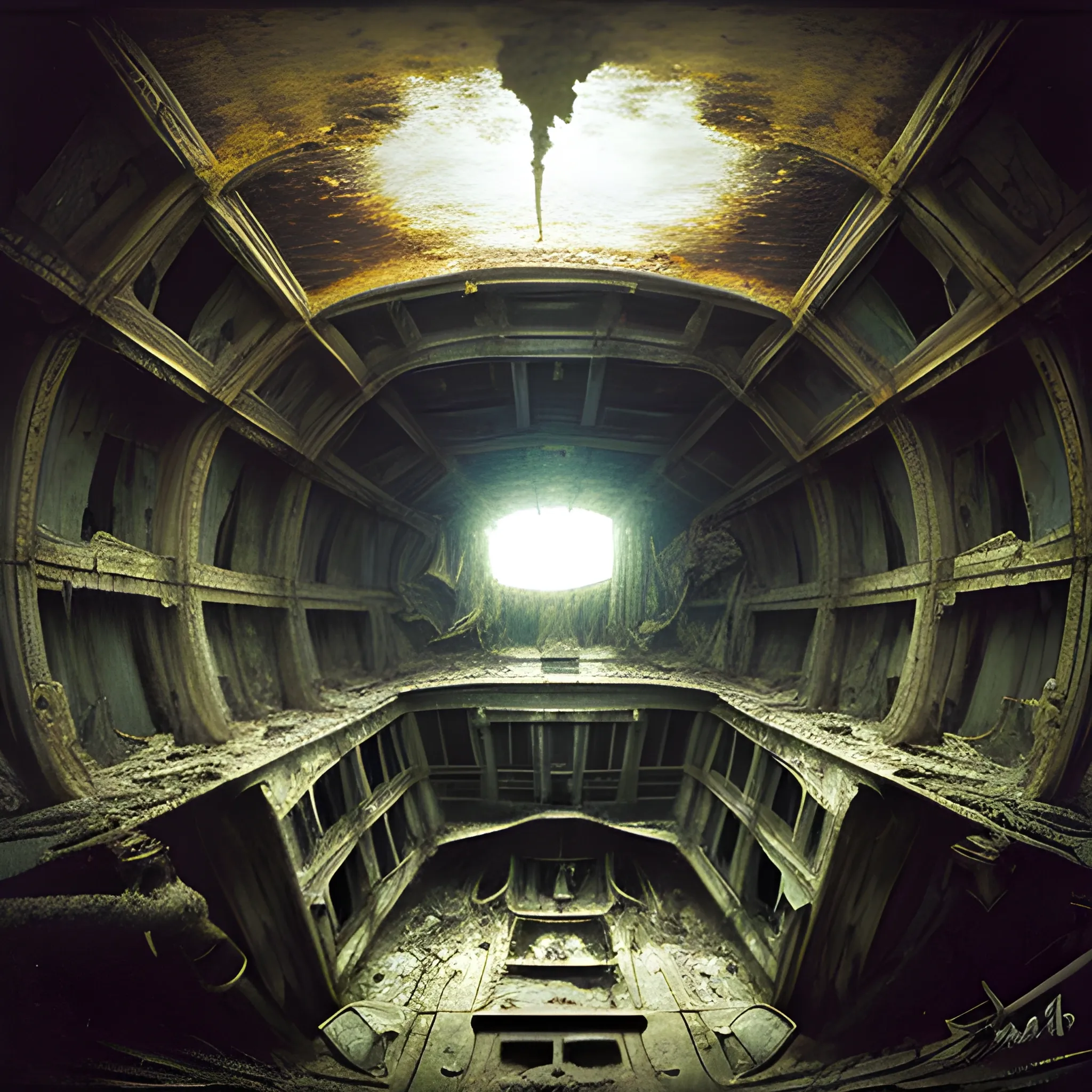 highly detailed, dark interior of a destroyed sunken sailing ship, underwater, 
