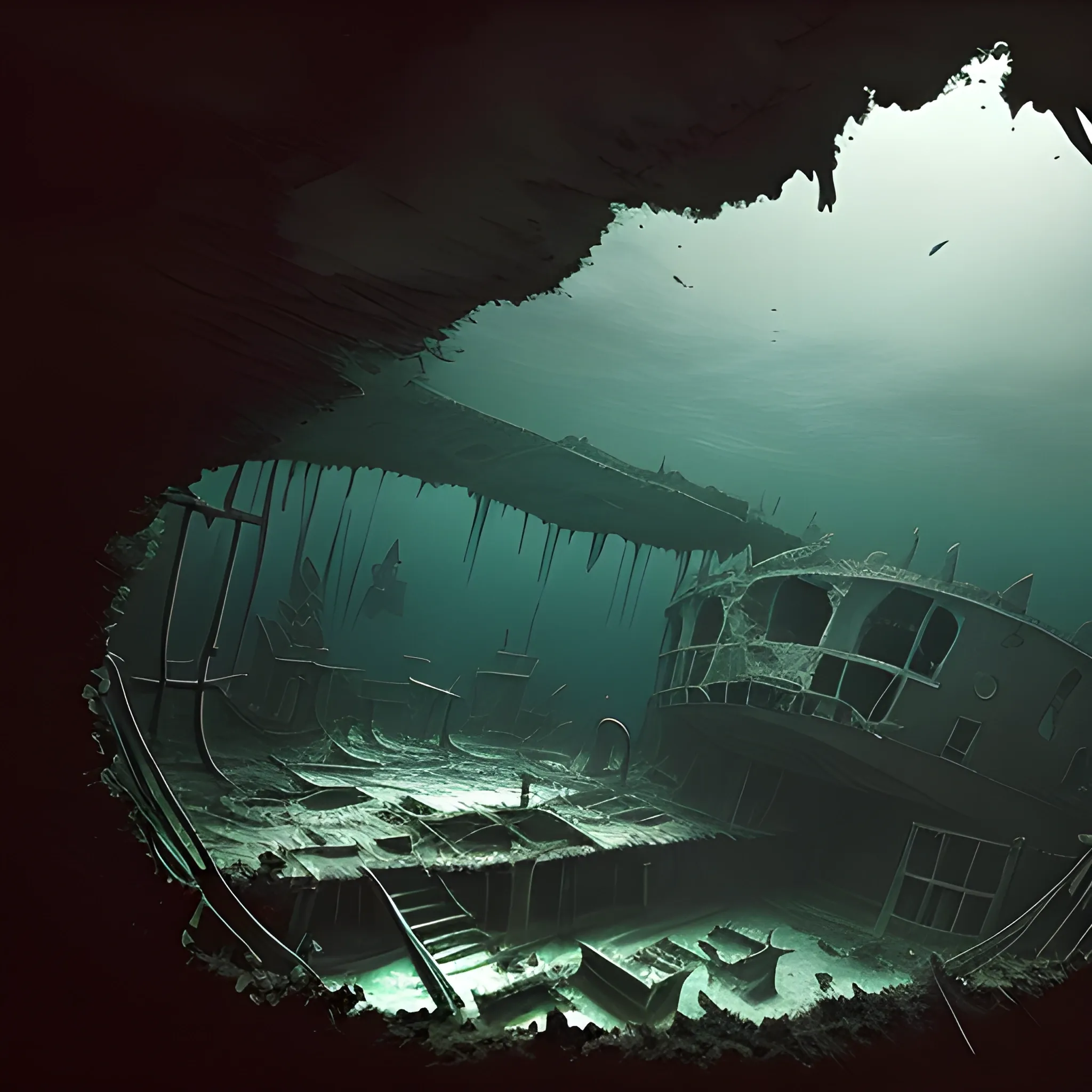 Interior, dark interior of a destroyed sunken pirate ship, underwater, completely submerged
