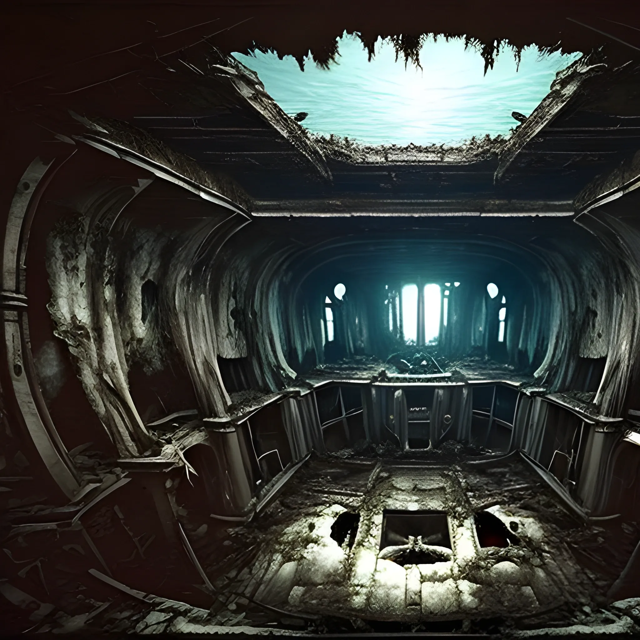Interior, dark interior of a destroyed sunken pirate ship, underwater, completely submerged
