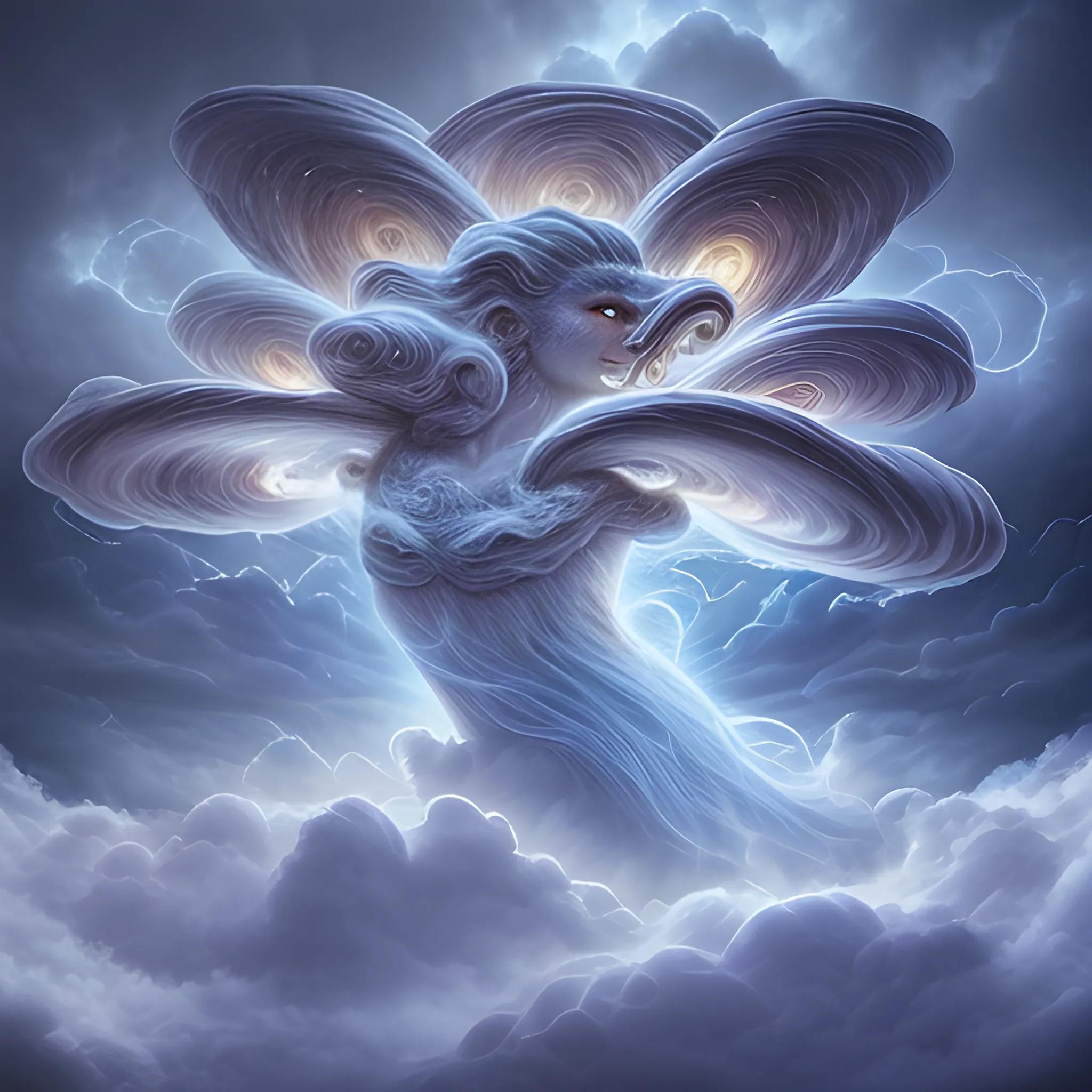  A celestial drama unfolded in the ethereal heavens as thick clouds formed an awe-inspiring spectacle. The billows weaved together, creating a wondrous creature of mythical lore. 