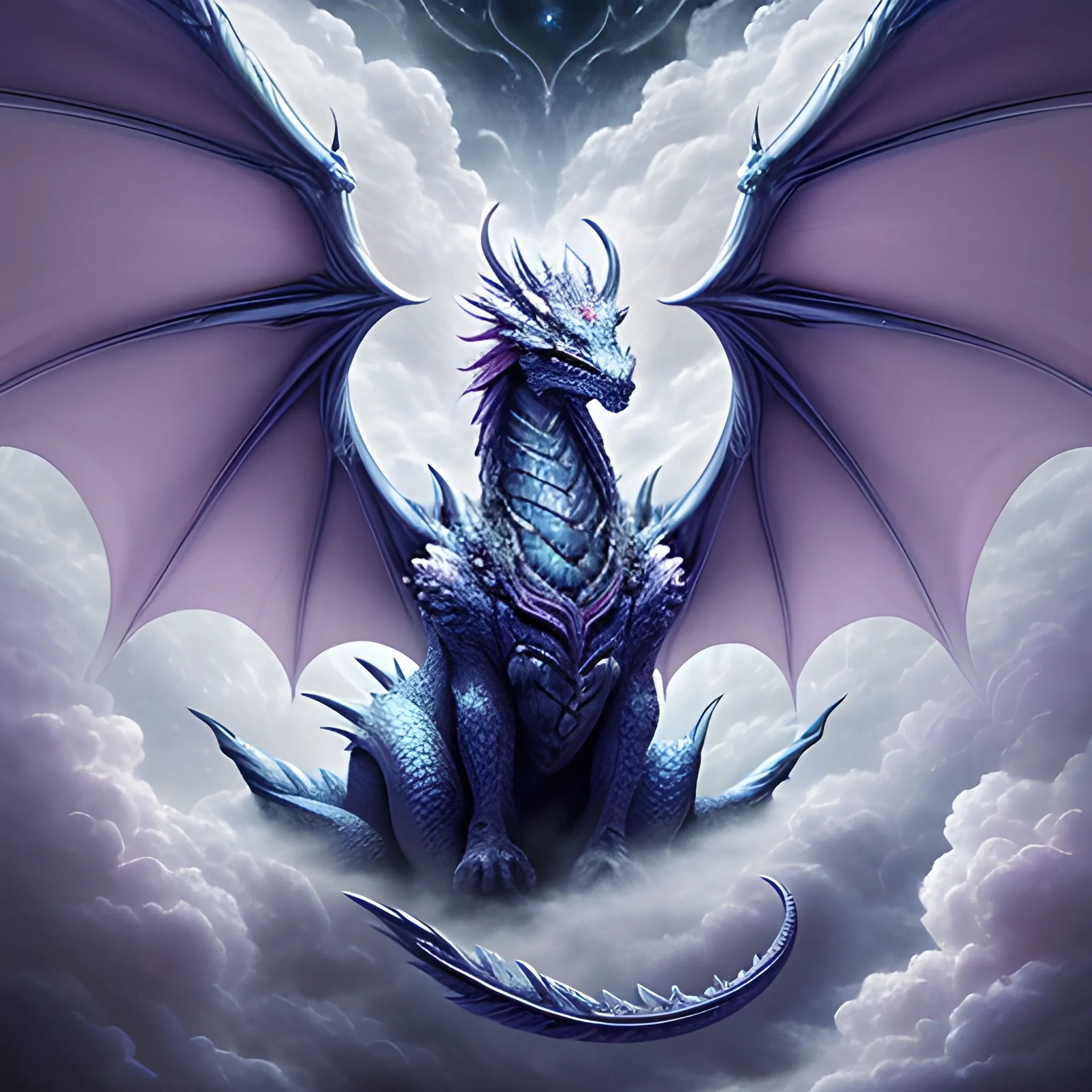 "In the ethereal heavens, a celestial drama unfolds as thick clouds weave together to form a wondrous creature of mythical lore—a majestic dragon. This captivating manifestation has garnered widespread acclaim on Artstation, brought to life through masterful brushstrokes. In a studio portrait, this awe-inspiring creation reveals unrivaled intricacy and breathtaking detail. Every minuscule nuance is rendered with indescribable precision."