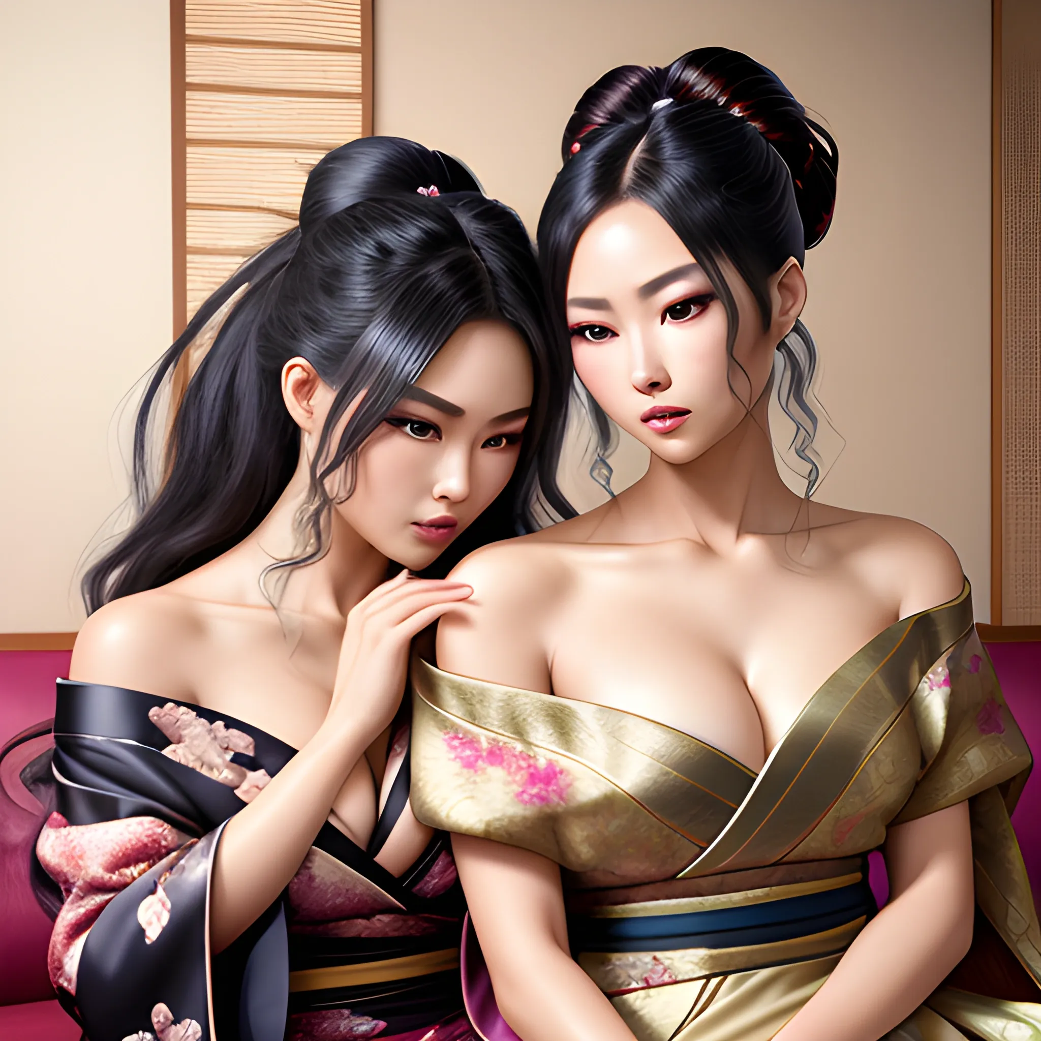 two dynamically different beautiful ethnic woman sitting dynamically on Japanese couch and dynamically kissing gently, beautiful dynamic cleavage, hands cupping dynamic cleavage, hyper lover dynamic, hyper dynamic, hyper perfect anatomy, zoomed in, close up, hyper enticing dynamic, hyper flirty dynamic, hyper flirty dynamic leaning into each other pose, arched back dynamic, hyper flirty expressions dynamic, pressed together and dynamically touching each other, hyper dynamic hair styles, shiny hair, hyper beautiful face, hyper realistic, hyper beautiful face, wearing silk detailed off shoulder high slit kimonos, hyper detailed Japanese bedroom interior background, HD, 8k, photography