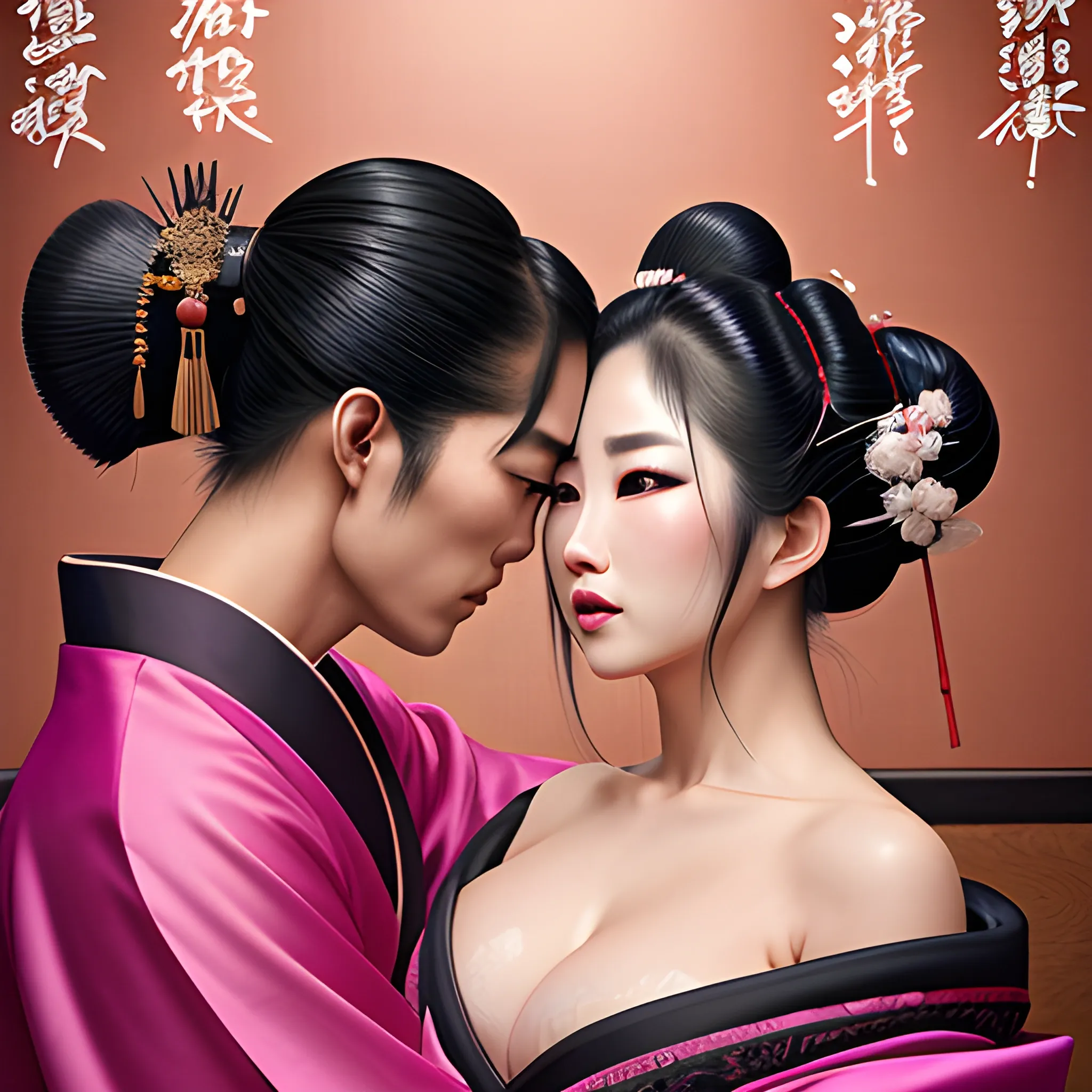 A dynamically strong samurai and a dynamically beautiful geisha sitting dynamically on Japanese couch and dynamically kissing gently, beautiful dynamic cleavage, hands cupping dynamic cleavage, hyper lover dynamic, hyper dynamic, hyper perfect anatomy, zoomed in, close up, hyper enticing dynamic, hyper flirty dynamic, hyper flirty dynamic leaning into each other pose, arched back dynamic, hyper flirty expressions dynamic, pressed together and dynamically touching each other, hyper dynamic hair styles, shiny hair, hyper beautiful face, hyper realistic, hyper beautiful face, wearing silk detailed off shoulder high slit kimonos, hyper detailed Japanese bedroom interior background, HD, 8k, photography