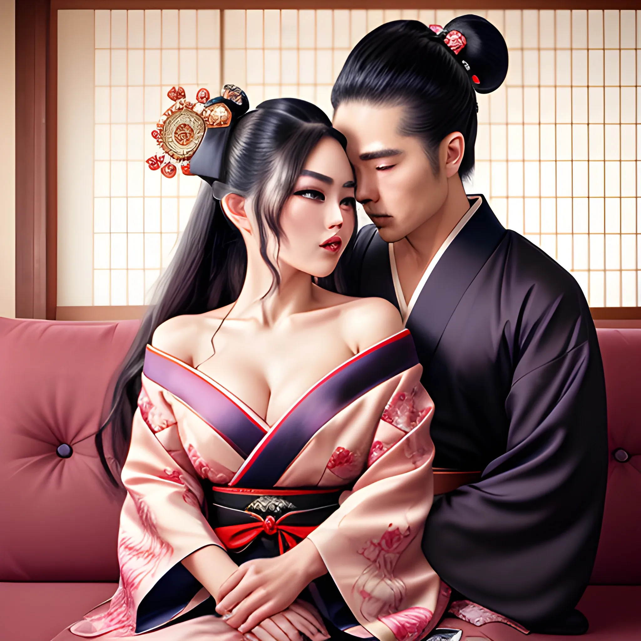 A dynamically strong samurai and a dynamically beautiful geisha sitting dynamically on Japanese couch and dynamically kissing gently, beautiful dynamic cleavage, hands cupping dynamic cleavage, hyper lover dynamic, hyper dynamic, hyper perfect anatomy, zoomed in, close up, hyper enticing dynamic, hyper flirty dynamic, hyper flirty dynamic leaning into each other pose, arched back dynamic, hyper flirty expressions dynamic, pressed together and dynamically touching each other, hyper dynamic hair styles, shiny hair, hyper beautiful face, hyper realistic, hyper beautiful face, wearing silk detailed off shoulder high slit kimonos, hyper detailed Japanese bedroom interior background, HD, 8k, photography