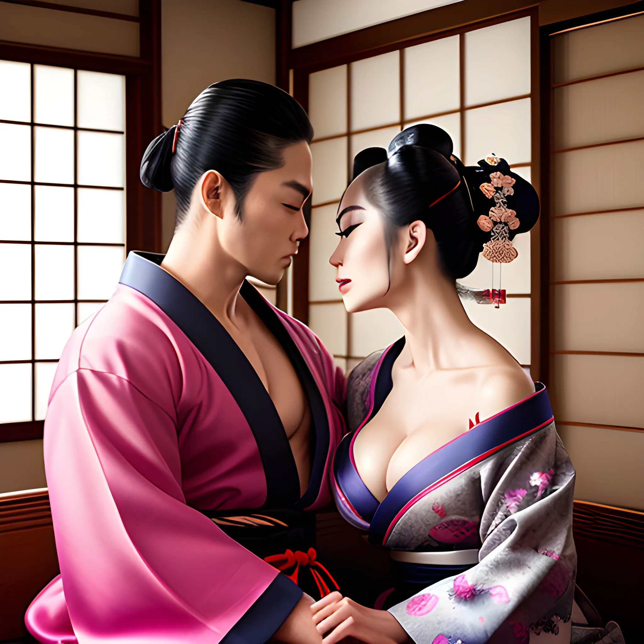 A dynamically strong samurai and a dynamically beautiful geisha sitting dynamically on Japanese couch and dynamically kissing gently, beautiful dynamic cleavage, hands cupping dynamic cleavage, hand dynamically sensually slips kimono off shoulder, hyper lover dynamic, hyper dynamic, hyper perfect anatomy, zoomed in, close up, hyper enticing dynamic, hyper flirty dynamic, hyper flirty dynamic leaning into each other pose, arched back dynamic, hyper flirty expressions dynamic, pressed together and dynamically touching each other, hyper dynamic hair styles, shiny hair, hyper beautiful face, hyper realistic, hyper beautiful face, wearing silk detailed off shoulder high slit kimonos, hyper detailed Japanese bedroom interior background, HD, 8k, photography