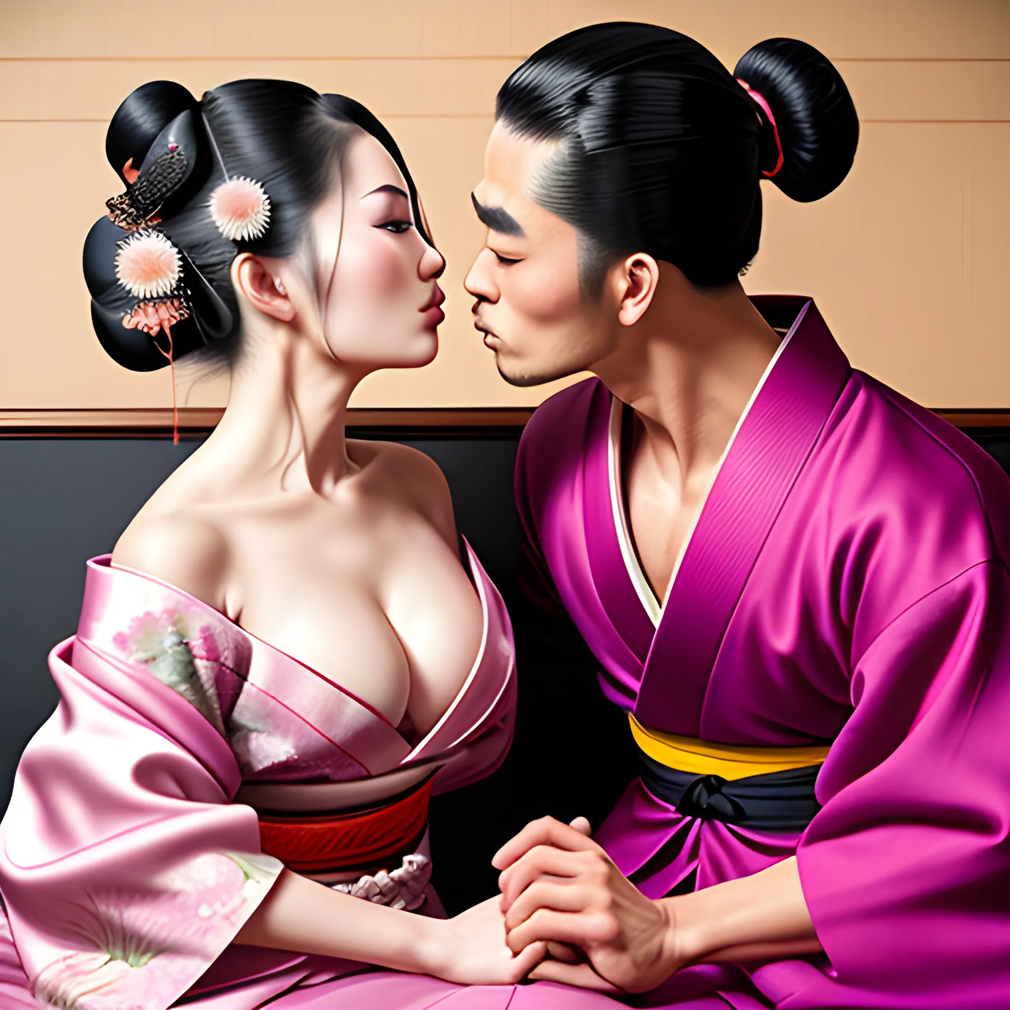 A dynamically strong samurai and a dynamically beautiful geisha sitting dynamically on Japanese couch and dynamically kissing neck gently, beautiful dynamic cleavage, hands cupping dynamic cleavage, hand dynamically sensually slips kimono off shoulder, hyper lover dynamic, hyper dynamic, hyper perfect anatomy, zoomed in, close up, hyper enticing dynamic, hyper flirty dynamic, hyper flirty dynamic leaning into each other pose, arched back dynamic, hyper flirty expressions dynamic, pressed together and dynamically touching each other, hyper dynamic hair styles, shiny hair, hyper beautiful face, hyper realistic, hyper beautiful face, wearing silk detailed off shoulder high slit kimonos, hyper detailed Japanese bedroom interior background, HD, 8k, photography