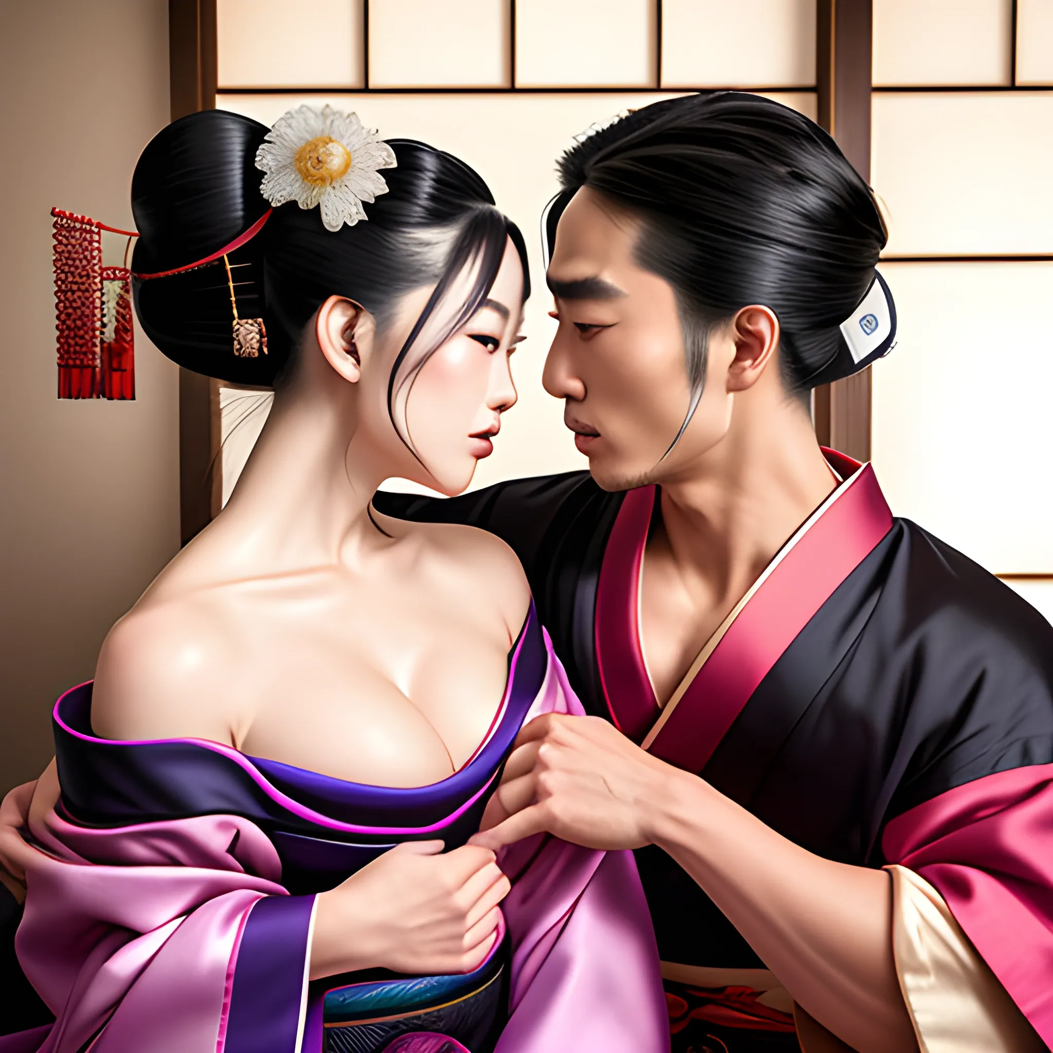 A dynamically strong samurai and a dynamically beautiful geisha sitting dynamically on Japanese couch and dynamically kissing neck gently, beautiful dynamic cleavage, hands cupping dynamic cleavage, hand dynamically sensually slips kimono off shoulder, hyper lover dynamic, hyper dynamic, hyper perfect anatomy, zoomed in, close up, hyper enticing dynamic, hyper flirty dynamic, hyper flirty dynamic leaning into each other pose, arched back dynamic, hyper flirty expressions dynamic, pressed together and dynamically touching each other, hyper dynamic hair styles, shiny hair, hyper beautiful face, hyper realistic, hyper beautiful face, wearing silk detailed off shoulder high slit kimonos, hyper detailed Japanese bedroom interior background, HD, 8k, photography