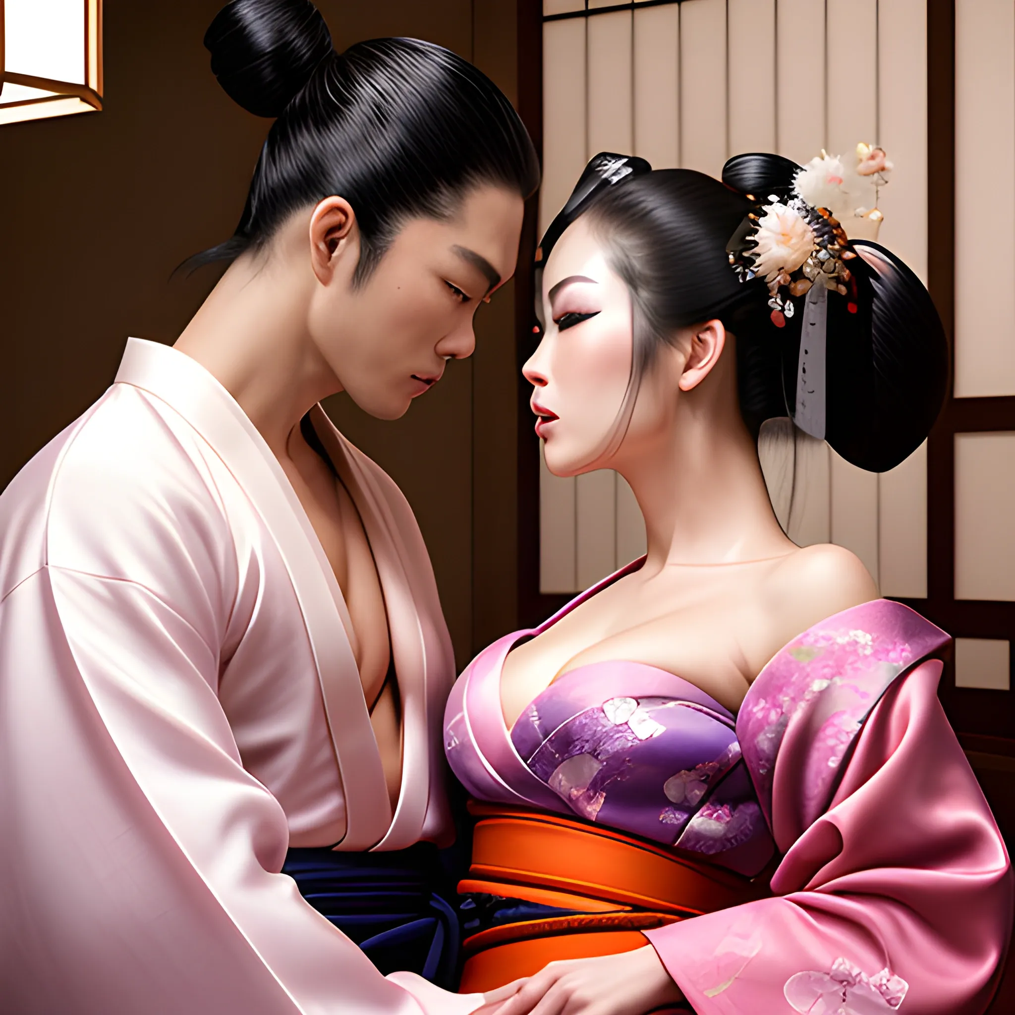 A dynamically strong samurai and a dynamically beautiful geisha sitting dynamically on Japanese couch and dynamically kissing neck gently, beautiful dynamic cleavage, hands cupping dynamic cleavage, hand dynamically sensually slips kimono off shoulder, hyper lover dynamic, hyper dynamic, hyper perfect anatomy, zoomed in, close up, hyper enticing dynamic, hyper flirty dynamic, hyper flirty dynamic leaning into each other pose, arched back dynamic, hyper flirty expressions dynamic, pressed together and dynamically touching each other, hyper dynamic hair styles, shiny hair, hyper beautiful face, hyper realistic, hyper beautiful face, wearing silk detailed off shoulder high slit kimonos, hyper detailed Japanese bedroom interior background, HD, 8k, photography