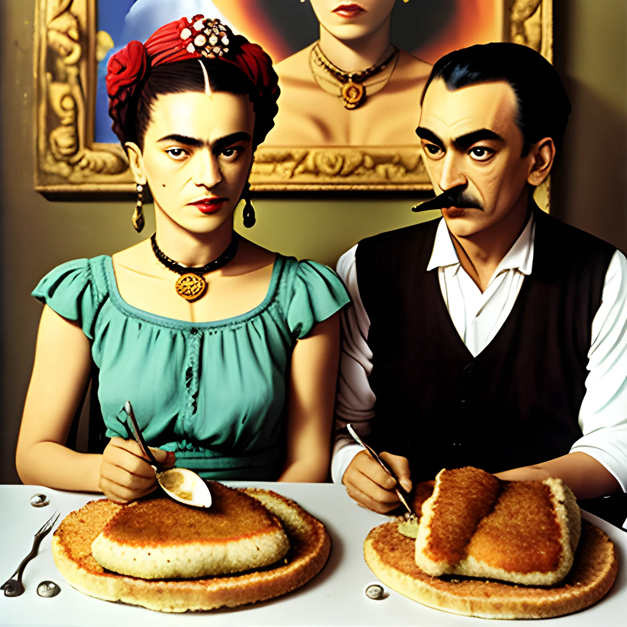 Salvador Dalí and Frida Khalo eating milanesa