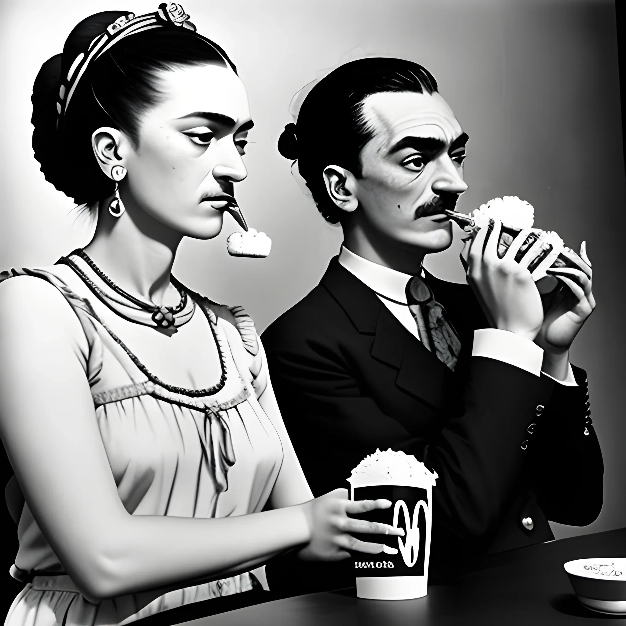 Salvador Dalí and Frida Khalo eating mcdonalds