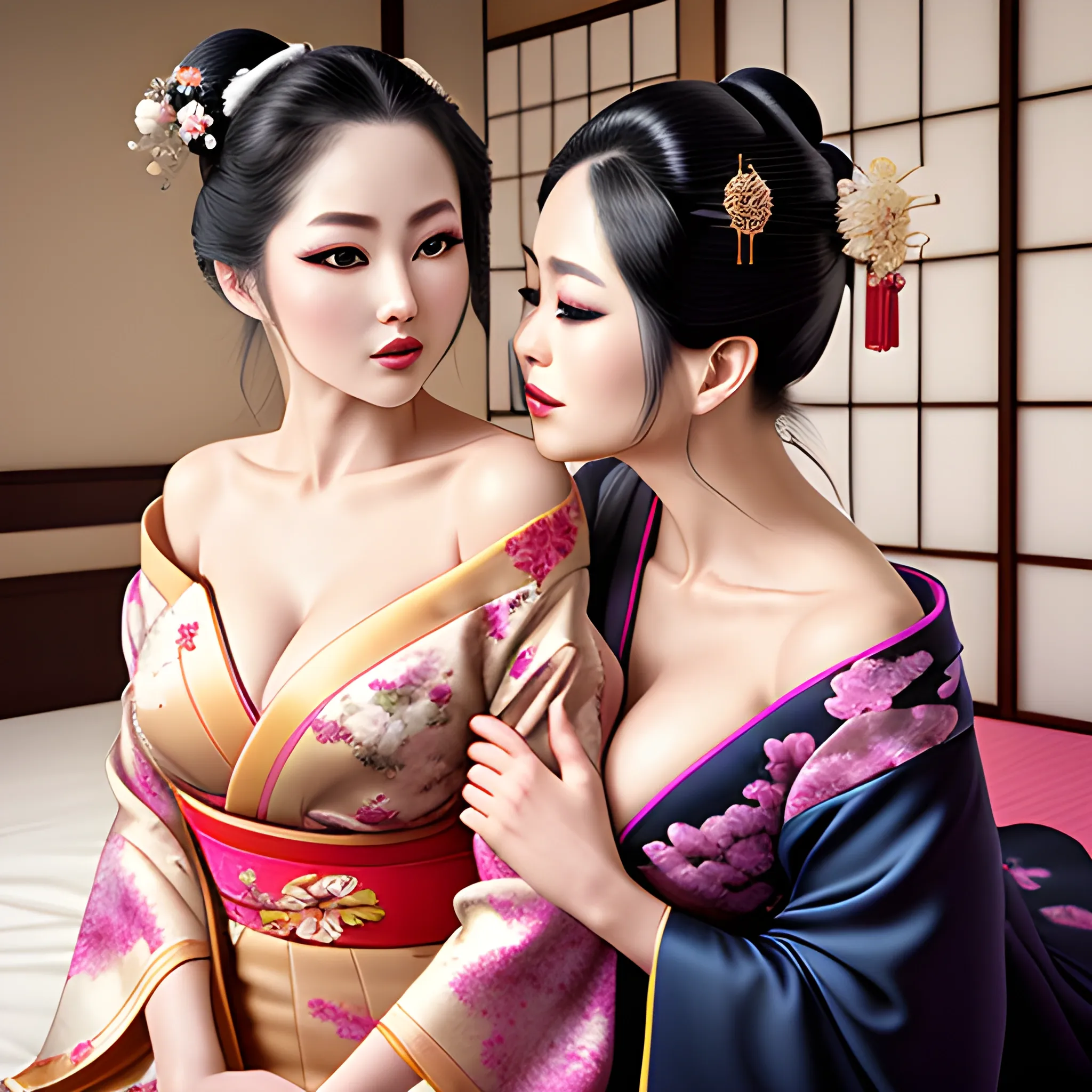 two dynamically different beautiful geisha lounging dynamically on Japanese bed and dynamically kissing neck gently, beautiful dynamic cleavage, hands cupping dynamic cleavage, hand dynamically sensually slips kimono off shoulder, hyper lover dynamic, hyper sensual dynamic, hyper dynamic, hyper perfect anatomy, zoomed in, close up, hyper enticing dynamic, hyper flirty dynamic, hyper flirty dynamic leaning into each other pose, arched back dynamic, hyper flirty expressions dynamic, pressed together and dynamically touching each other, hyper dynamic hair styles, shiny hair, hyper beautiful face, hyper realistic, hyper beautiful face, wearing silk detailed off shoulder high slit kimonos, hyper detailed Japanese bedroom interior background, HD, 8k, photography

