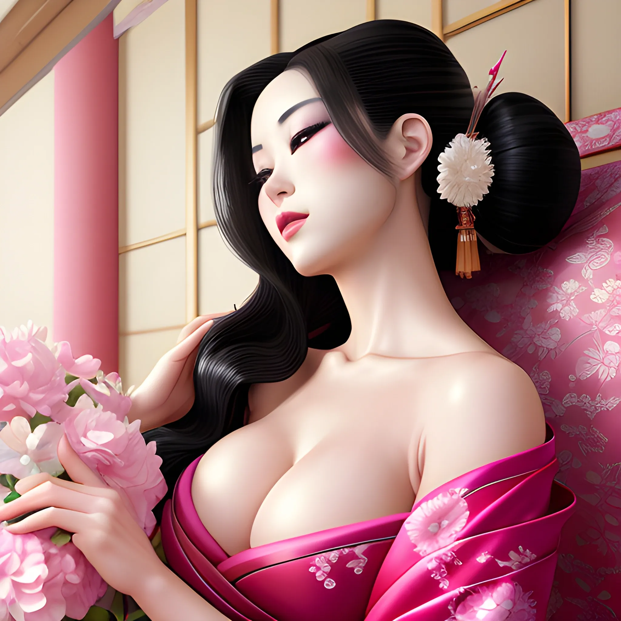 two dynamically different beautiful geisha lounging dynamically on Japanese bed and dynamically kissing neck gently, hyper realistic, beautiful dynamic cleavage, hands cupping dynamic cleavage, hand dynamically sensually slips kimono off shoulder, hyper lover dynamic, hyper sensual dynamic, hyper dynamic, hyper perfect anatomy, zoomed in, close up, hyper enticing dynamic, hyper flirty dynamic, hyper flirty dynamic leaning into each other pose, arched back dynamic, hyper flirty expressions dynamic, pressed together and dynamically touching each other, hyper dynamic hair styles, shiny hair, hyper beautiful face, hyper realistic, hyper beautiful face, wearing silk detailed off shoulder high slit kimonos, hyper detailed Japanese bedroom interior background, HD, 8k, photography